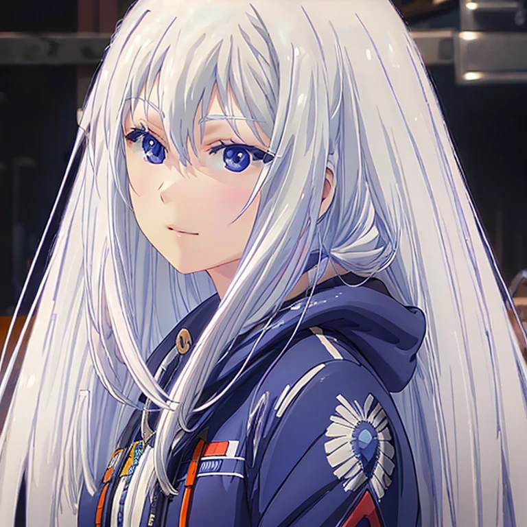 1girl, white hair, long hair, blue jacket, realistic, ultra detail, 70mm lens,