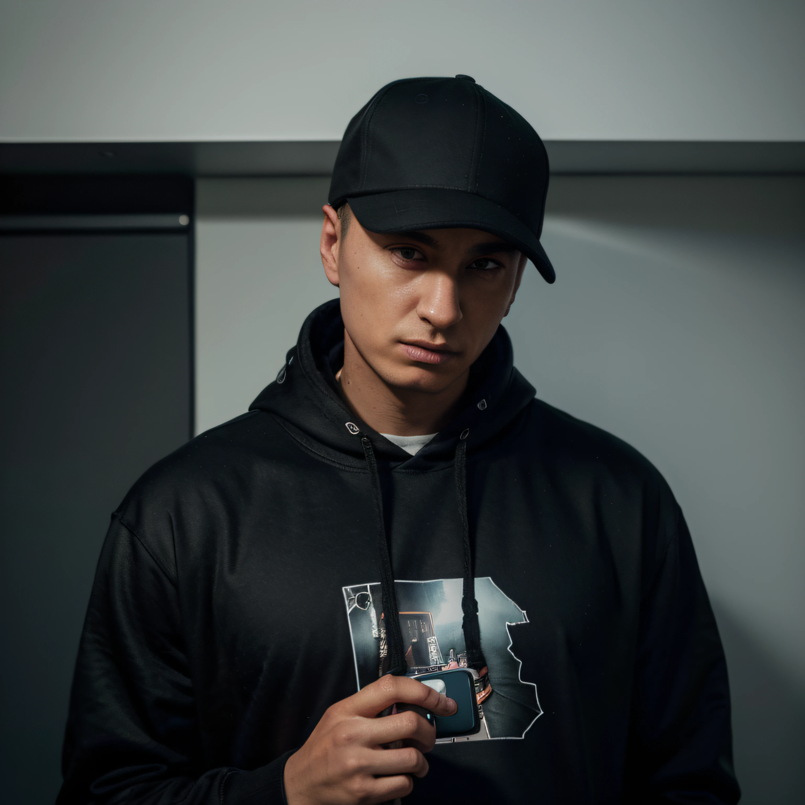 arafed man in a black hoodie and a baseball cap looking down at his cell phone, eminem, marshal mathers, art masterpice, masterpice, profile pic, profile photo, instagram photo, avatar image, instagram, instagram picture, snapchat photo, official photo, official, atmoshperic, facebook, grainy, masterpeice, grime