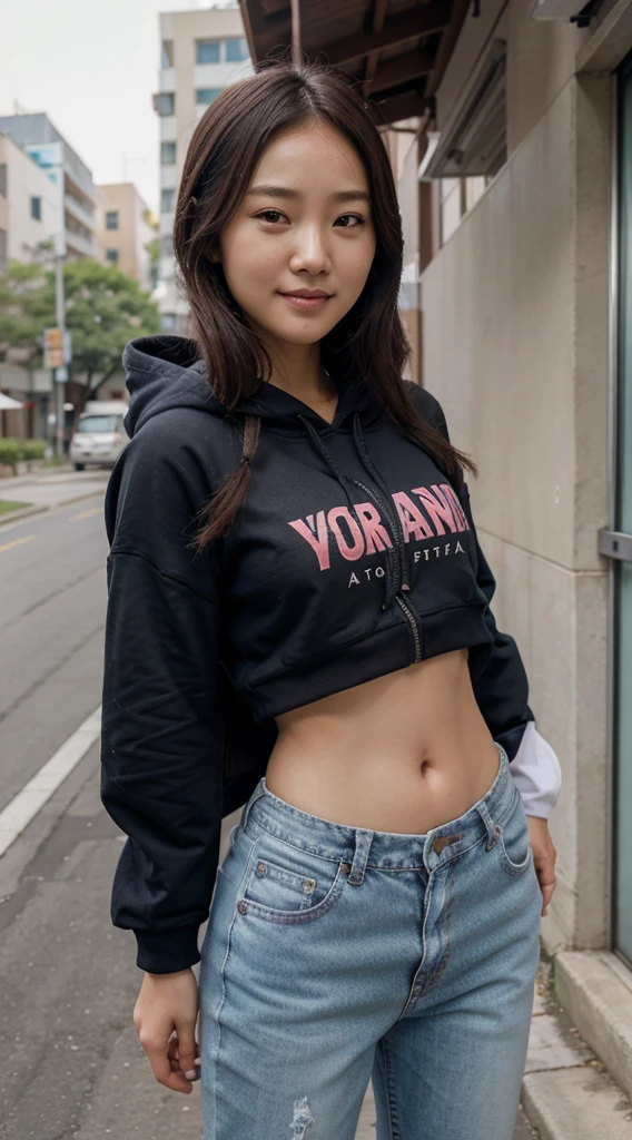 there  a woman that  smiling and looking at the camera, young cute wan asian face, young asian girl, south east asian with round face, girl cute-fine-face, young adorable korean face, japanese, this person does not exist, chinese girl, 18 year old girl, mixed-race, japanese-chinese-korean, wearing sneakers and jeans with a zipped up hoodie, tshirt underneath hoodie, fully clothed, no midriff showing, sfw, park min-young-ji-woon kim-cho yi-hyun-gong li-hyeri-claudia kim-karen fukuhara-zhu zhu-brenda song-jenna ushkowitz-katie chang-carrie ann inaba merged