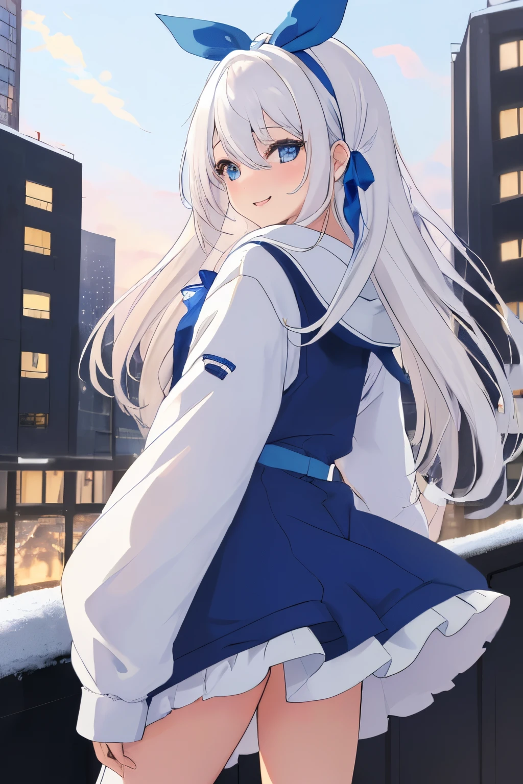 Chica anime, ((Masterpiece), top-quality, Top image quality, ((((solo)))), ((((white hair)))), long hair, ((((blue hairribbon)))), Beautiful blue eyes, Shining eyes, smile, teens girl, 18yo, cute, loose parka, food up, mini skirt, sleeves_past_wrists, night, city, winter, 8k