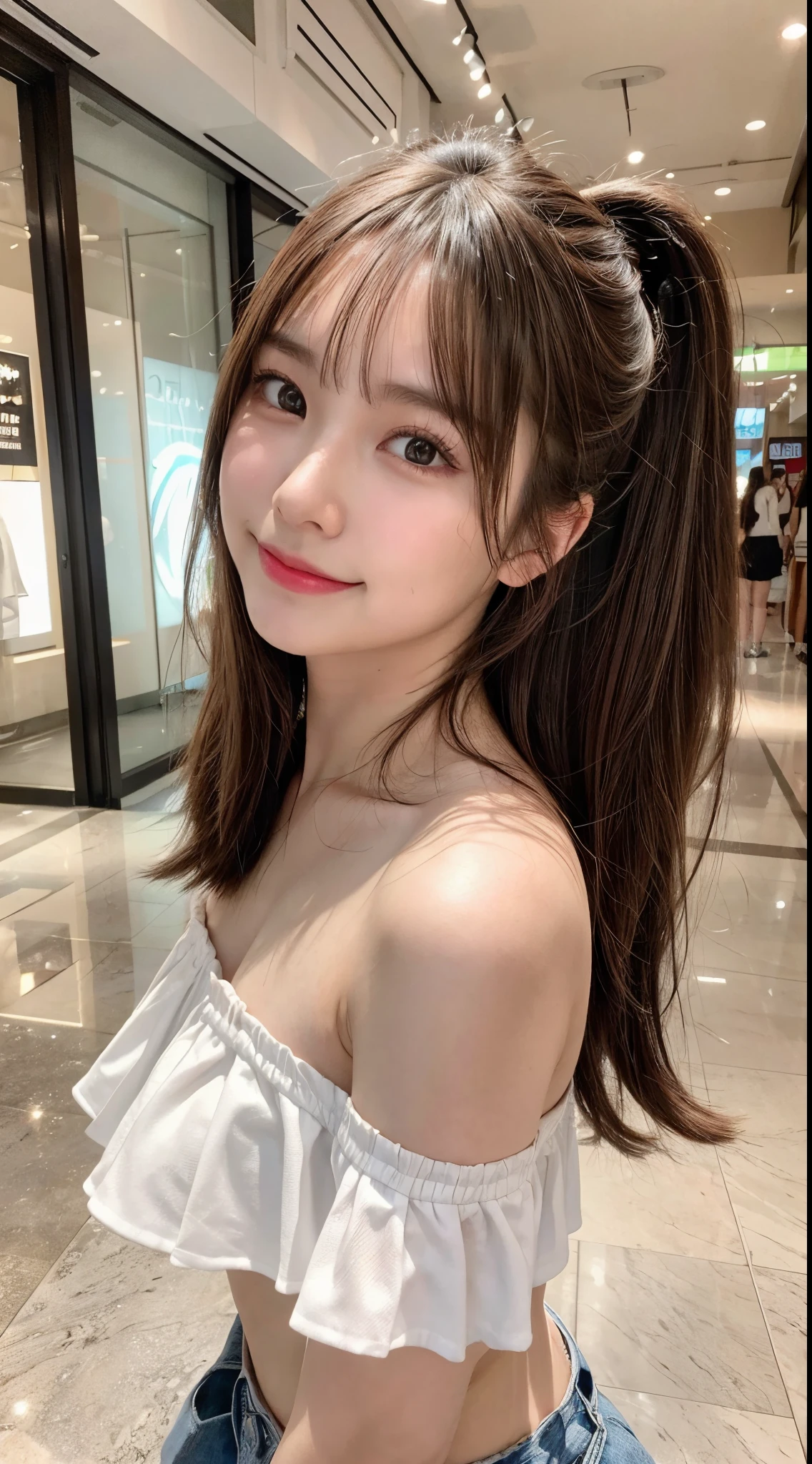 masterpiece, best quality, ultra detailed, 8K, 16K, absurdres, highres, a girl, smiling, walking, looking at viewer, front view, long hair, brown hair, tareme, droopy eyes, shiny skin, detailed skin, detailed face, glamorous, voluptuous, beautiful breasts, beautiful ass, curvy, idol, off shoulder, shorts, delicate facial features, cute face, 20-year-old, japanese, in the mall, ultra realistic photo, raw photo, photorealistic, real person, cowboy shot, dynamic angle, sharpen, cinematic lighting, depth of field