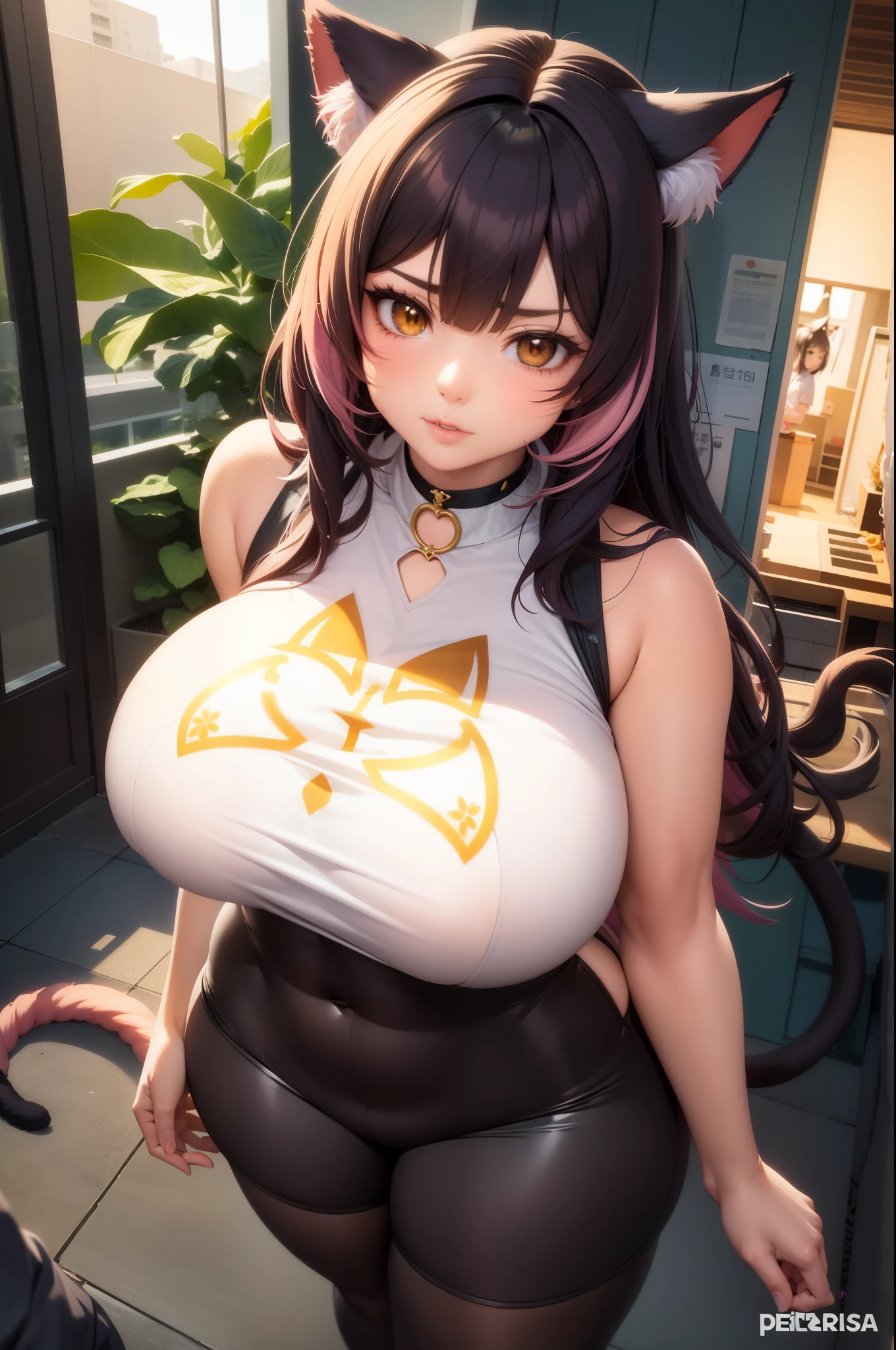 Chica anime con orejas de gato y una camisa blanca posando para una foto., seductora chica de anime, Atractiva chica gato, (SFW) Seguro para el trabajo, Hermosa catgirl de anime, Anime Moe Artstyle, SFW pechos enormes, Artgerm extremadamente detallado, Arte detallado del anime digital, [ Arte digital 4K ]!!, Anime Catgirl, linda catgirl de anime, Hestia (PINK HAIR) (HUGE BREASTSHUGE)