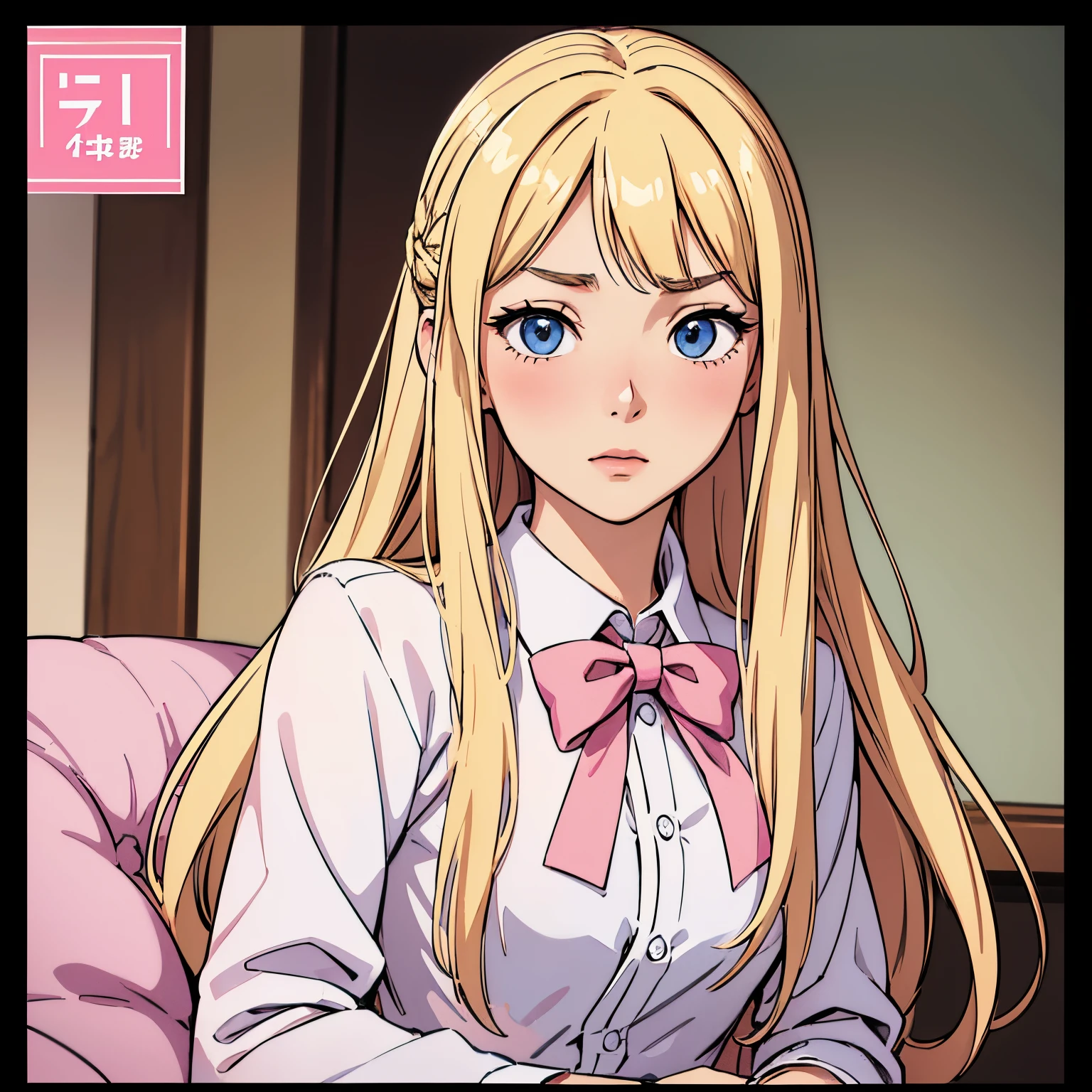 (Best Quality, Sharp anime eyes), elegant, feminine, detailed_background, bedrooom, closeup, straight long hair,side hair bow,pixelated,blush,luca (kuruton486),blonde hair bow,highres,1girl,letterboxed,solo,kuruton486,pink casual shirt,blue eyes,shirt,parted bangs