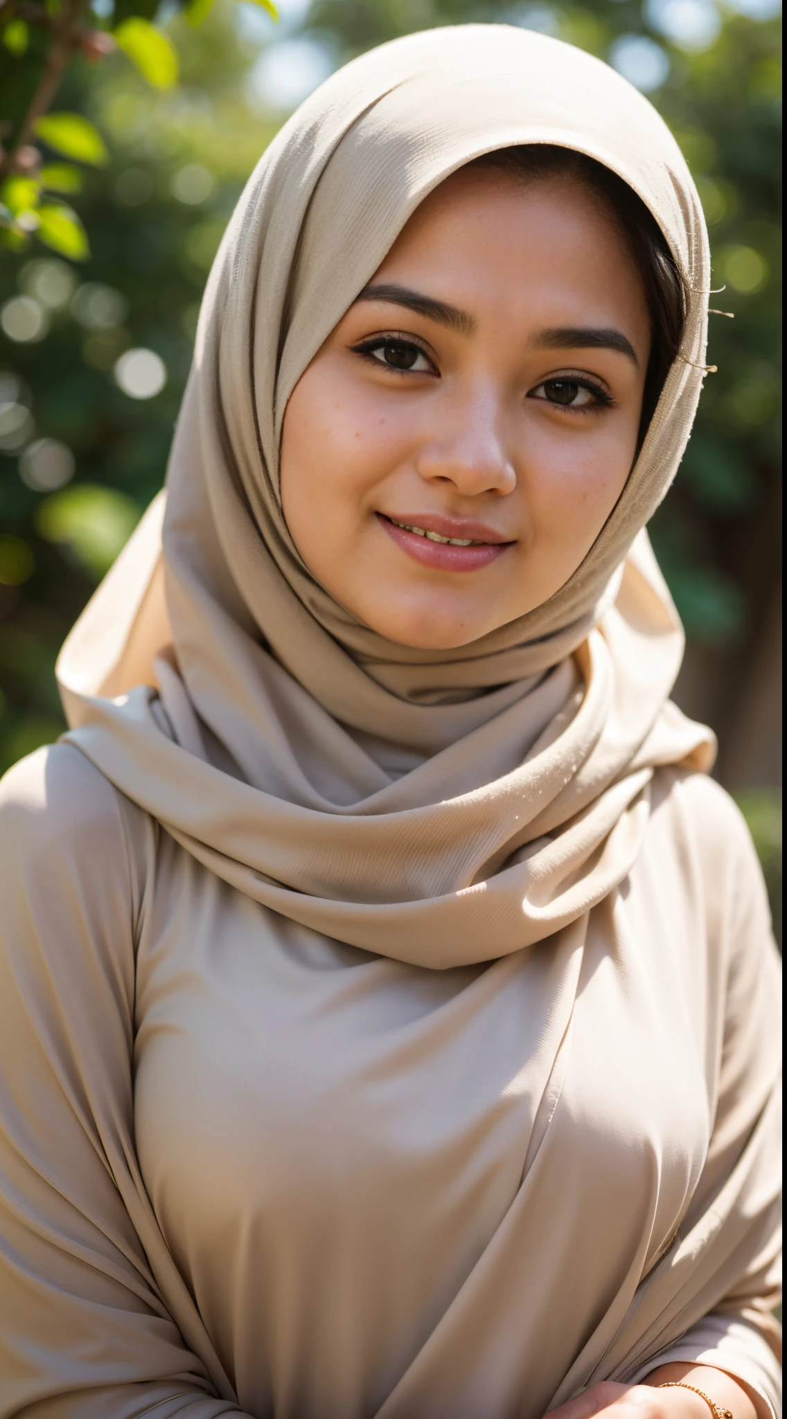 1 Malay girl, modern plain hijab, shy, medium portrait, watery eyes, RAW, Best quality, high resolution, masterpiece: 1.3), beautiful Malay woman in hijap:0.8),perfect nose,perfect lips, perfect eyes, detail :1.2), big breast, beautifull face, soft smile,Beautiful woman wearing a hijap, a woman in a beige dress and a white scarf, , faridah malik, hijab, jessica kumala wongso, handsome girl, lovely smile, lovely woman, with lovely look, with a beautifull smile, cute beautiful