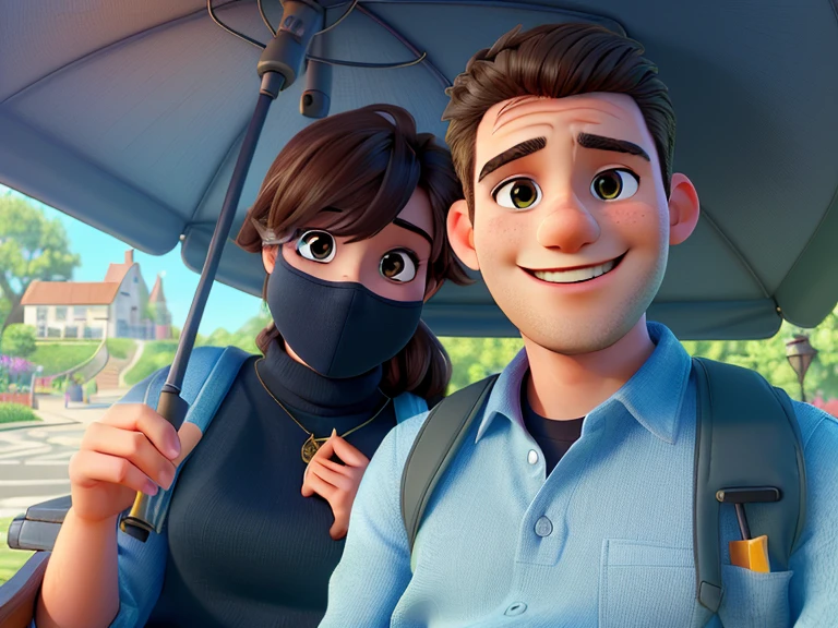 Man and woman sitting, smiling, a young couple, in a bright place, behind a lamppost, 
(best quality, 4k, 8k, highres, masterpiece:1.2), ultra-detailed, (realistic, photorealistic, photo-realistic:1.37),
illustration, vivid colors, portraits, natural lighting, warm tones.