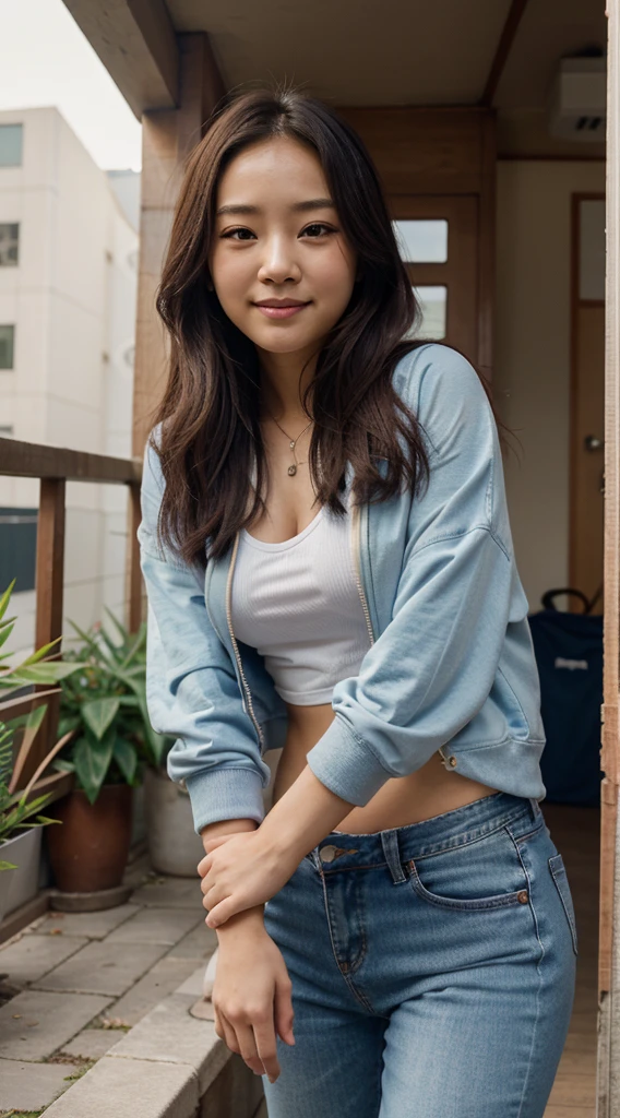 there  a woman that  smiling and looking at the camera, young cute wan asian face, young asian girl, south east asian with round face, girl cute-fine-face, young adorable korean face, japanese, this person does not exist, chinese girl, 18 year old girl, mixed-race, japanese-chinese-korean, wearing sneakers and jeans with a zipped up hoodie, tshirt underneath hoodie, fully clothed, no midriff showing, sfw, park min-young-ji-woon kim-cho yi-hyun-gong li-hyeri-claudia kim-karen fukuhara-zhu zhu-brenda song-jenna ushkowitz-katie chang-carrie ann inaba merged