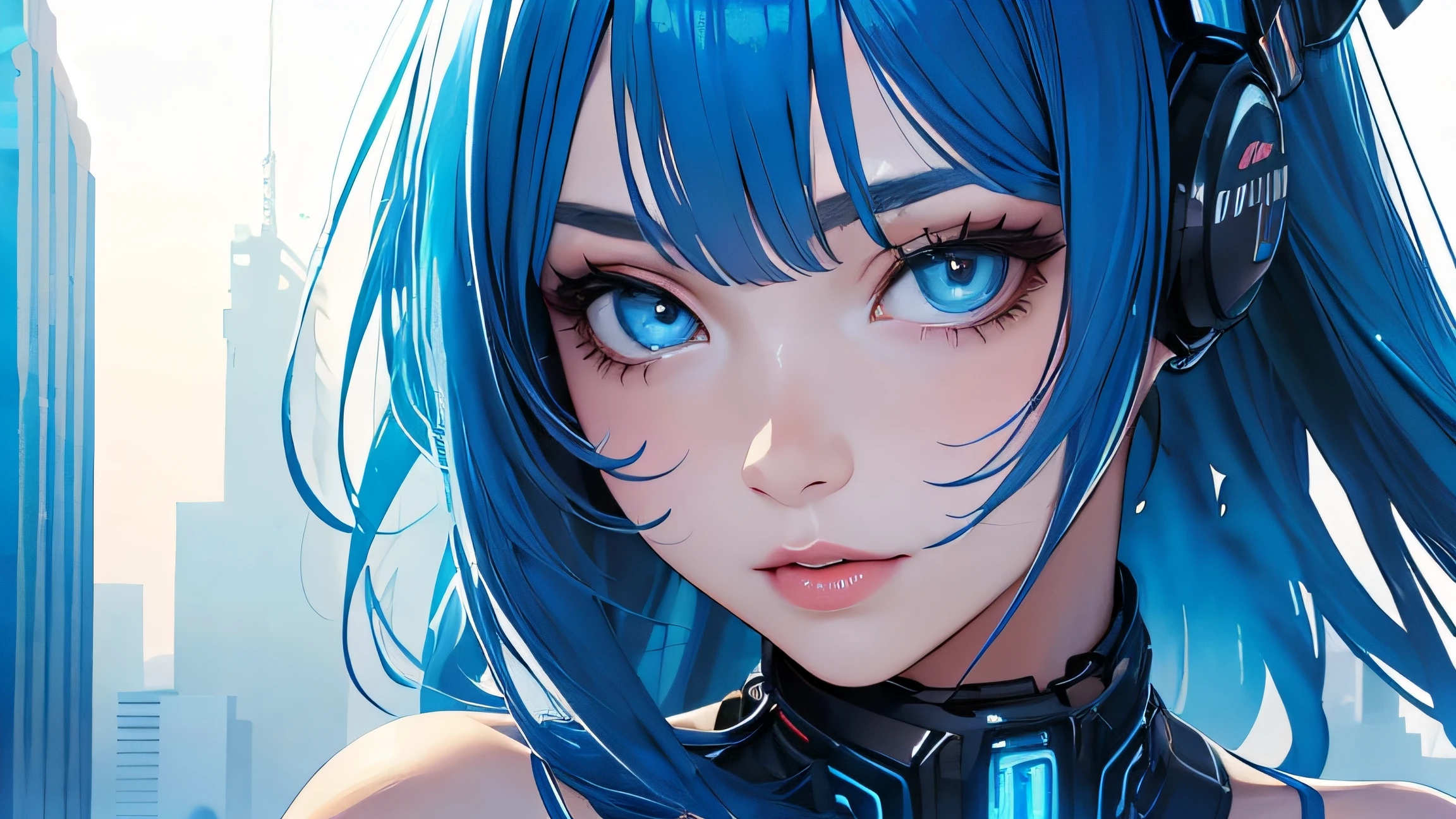 (colorful:0.9), (ink splashing), (color splashing), ((watercolor)), clear sharp focus, model shot, (portrait goddess of spring:1.5), cute expression, elegant blue colored hair, beautyfull detailed face and eyes, full body view, elegant cyberpunk clothing, futuristic city background, (best quality), (masterpiece:1.2)