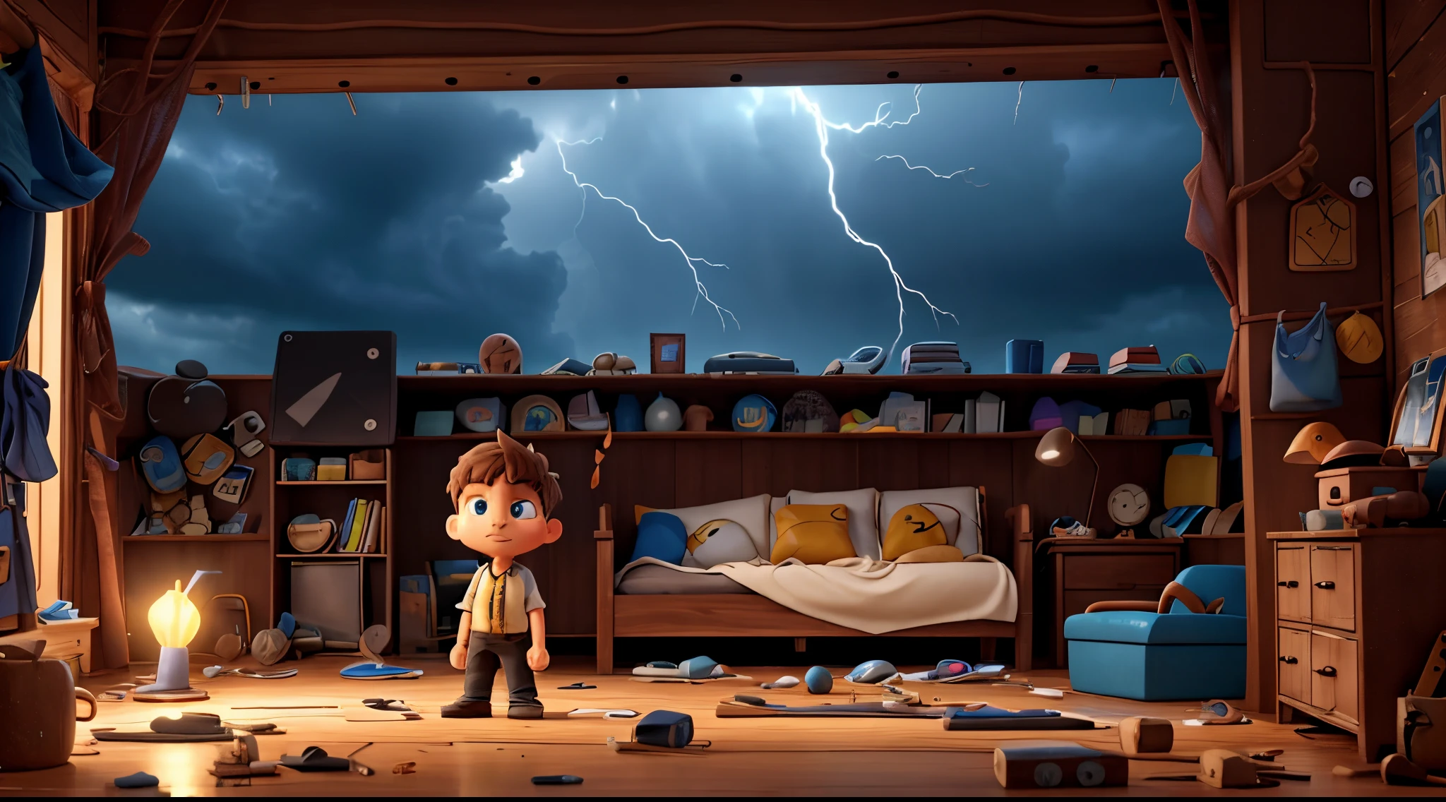 A sudden storm destroys Max's invention prototype in his room , Max is worried and sad after this .