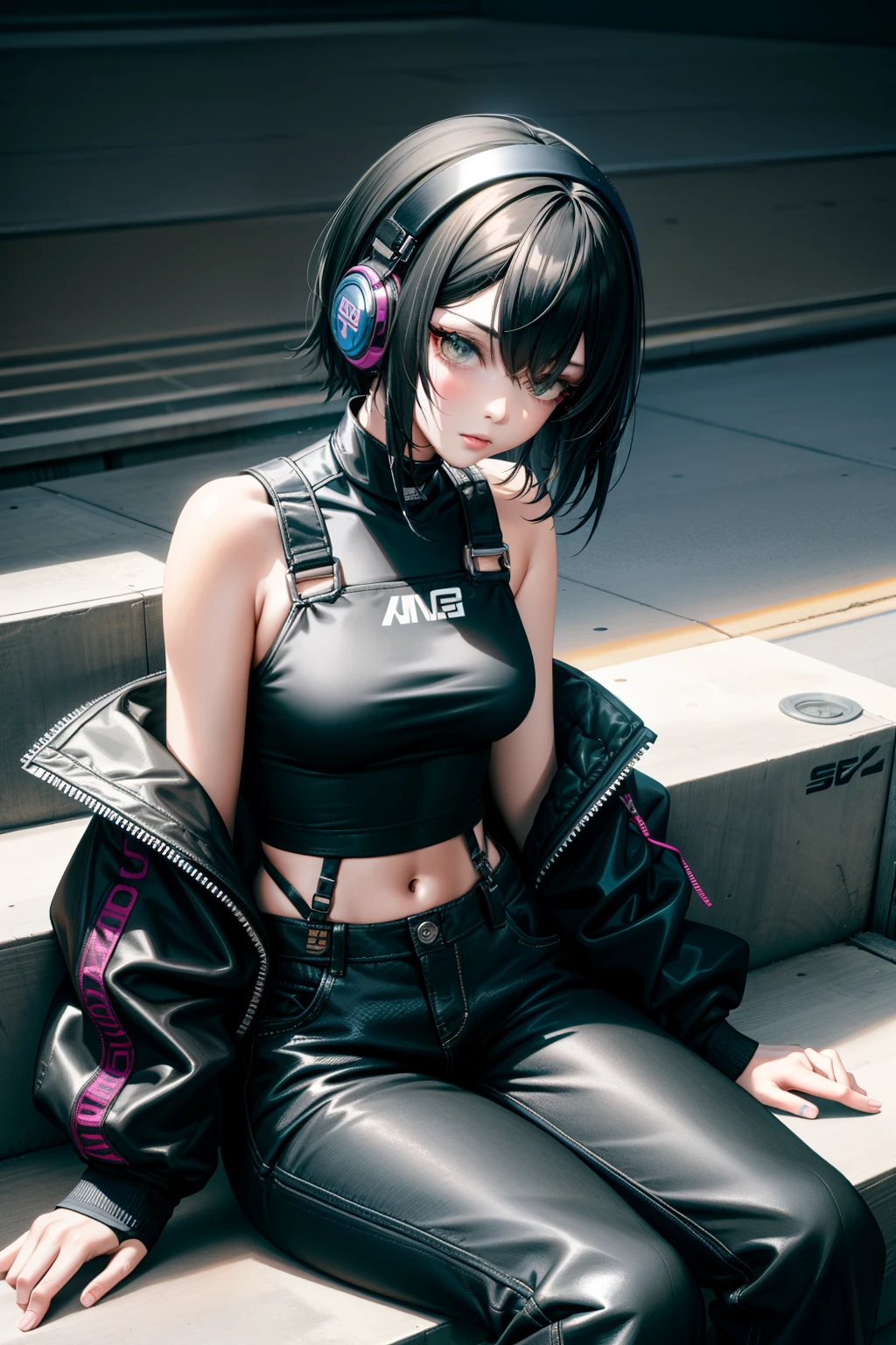 there a woman sitting on a bench with headphones on, cute casual streetwear, photo of slim girl model, wearing cyberpunk streetwear, wearing a black cropped tank top, korean women's fashion model, all black cyberpunk clothes, cyberpunk streetwear, y 2 k style, y2k style, ulzzang, photo of slim girl, overalls, cute girl wearing tank suit