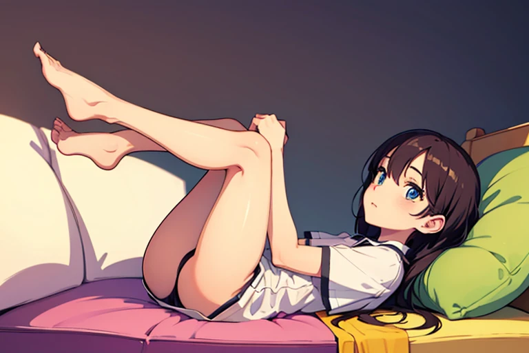 Beautiful eyes, beautiful face, beautiful legs, delicate hands, whole body, lying on the sofa, masterpiece, top quality, one girl, alone, home, cute, from the side, cute clothes, stuffed animals, bright colors,