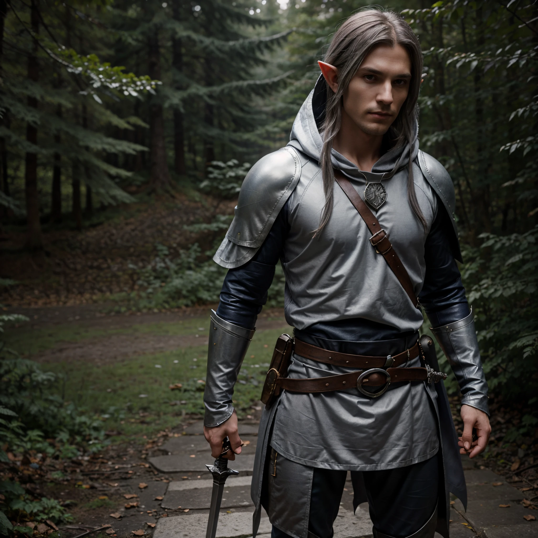 Male elf ranger, blueish gray hair, long hair, pale skin, silvery skin, slender, dark blue hooded cloak, light gray shirt, dnd character, ultrarealism, fantasy, simple silver arrow necklace, beautiful male, athletic body, slightly feminine, daggers and sword on hanging on belt, ,brown leather vambrace, brown leather pauldrons, leather chest armor, smirk, posing like royalty, posing in dark forest