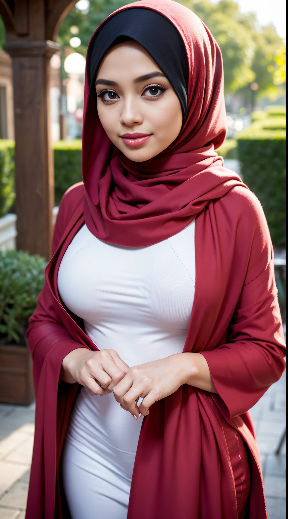 RAW, Best quality, high resolution, masterpiece: 1.3), beautiful Malay woman in hijab,Masterpiece, perfect fit body, Huge breast, biggorgeous eyes, Soft smile,woman in a red scarf standing in a city garden, lovely woman, hijab, malay, Beutifull girl, with lovely look, casual pose, beautiful lady, shawl, beautiful woman, with accurate, scarf,Delicate turtleneck, necklace, shairband, afternoon walk, City garden, Excellent lighting, Bright colors, Clean lines