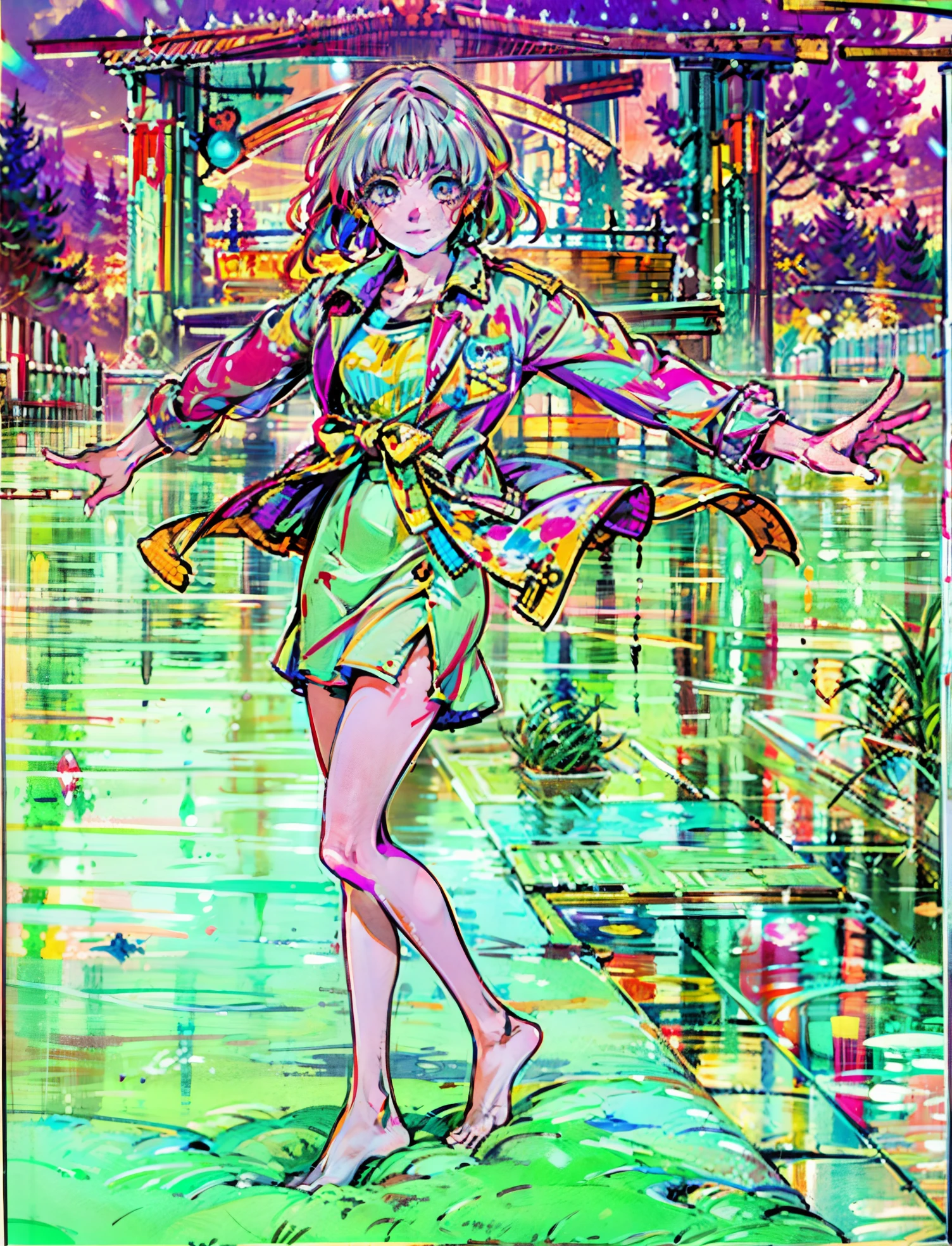 A girl with short gray hair, bright eyes, a cheerful smile, a joyful expression, a slender figure, a two-piece fantasy-realistic style jacket, short skirt that matching the outfit, barefoot, she happily leaps in front of a fantasy-style ancient ritual building, bright and soft color, this character embodies a finely crafted fantasy-realistic style girl in anime style, exquisite and mature manga art style, high definition, best quality, highres, ultra-detailed, ultra-fine painting, extremely delicate, professional, anatomically correct, symmetrical face, extremely detailed eyes and face, high quality eyes, creativity, RAW photo, UHD, 8k, Natural light, cinematic lighting, masterpiece-anatomy-perfect, masterpiece:1.5