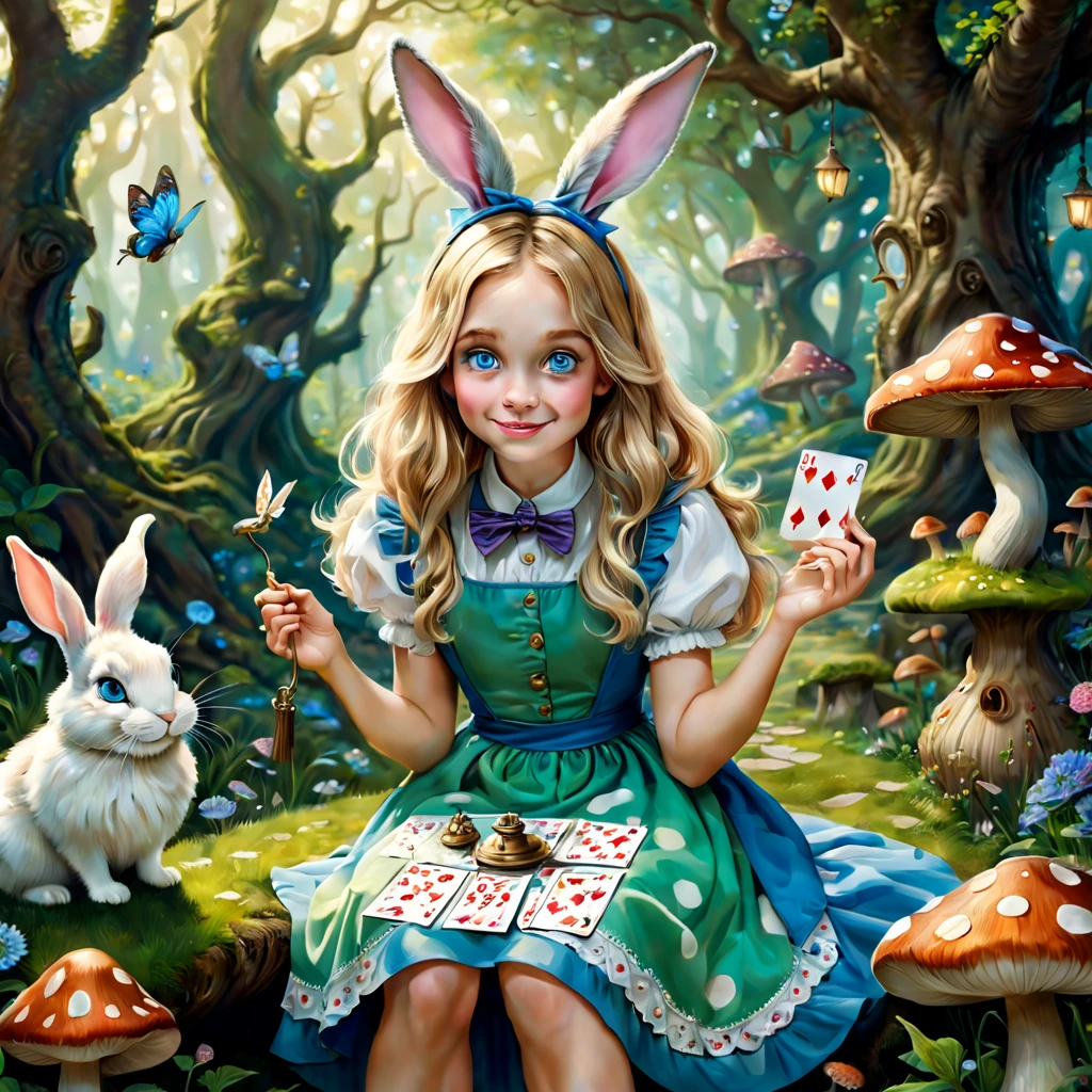 (a detailed painting,best quality,realistic:1.37),Alice in Wonderland,girl with long blonde hair,curious facial expression,innocent blue eyes,wearing a patterned blue dress and white apron,sitting in a lush green garden surrounded by beautiful colorful flowers,tall mushrooms with polka dots,white rabbit wearing a waistcoat and holding a pocket watch,hanging golden keys,playing cards flying in the air,teapot and teacups on a table with a Mad Hatter and March Hare,Cheshire Cat sitting on a branch,grinning and disappearing,quaint stone path leading to a whimsical door in a tree trunk,mystical glowing lights. (Colored:1.1,Wonderland-themed,HDR,vivid colors,concept artists),soft warm tones,soft natural lighting.