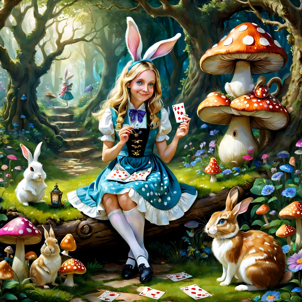 (a detailed painting,best quality,realistic:1.37),Alice in Wonderland,girl with long blonde hair,curious facial expression,innocent blue eyes,wearing a patterned blue dress and white apron,sitting in a lush green garden surrounded by beautiful colorful flowers,tall mushrooms with polka dots,white rabbit wearing a waistcoat and holding a pocket watch,hanging golden keys,playing cards flying in the air,teapot and teacups on a table with a Mad Hatter and March Hare,Cheshire Cat sitting on a branch,grinning and disappearing,quaint stone path leading to a whimsical door in a tree trunk,mystical glowing lights. (Colored:1.1,Wonderland-themed,HDR,vivid colors,concept artists),soft warm tones,soft natural lighting.