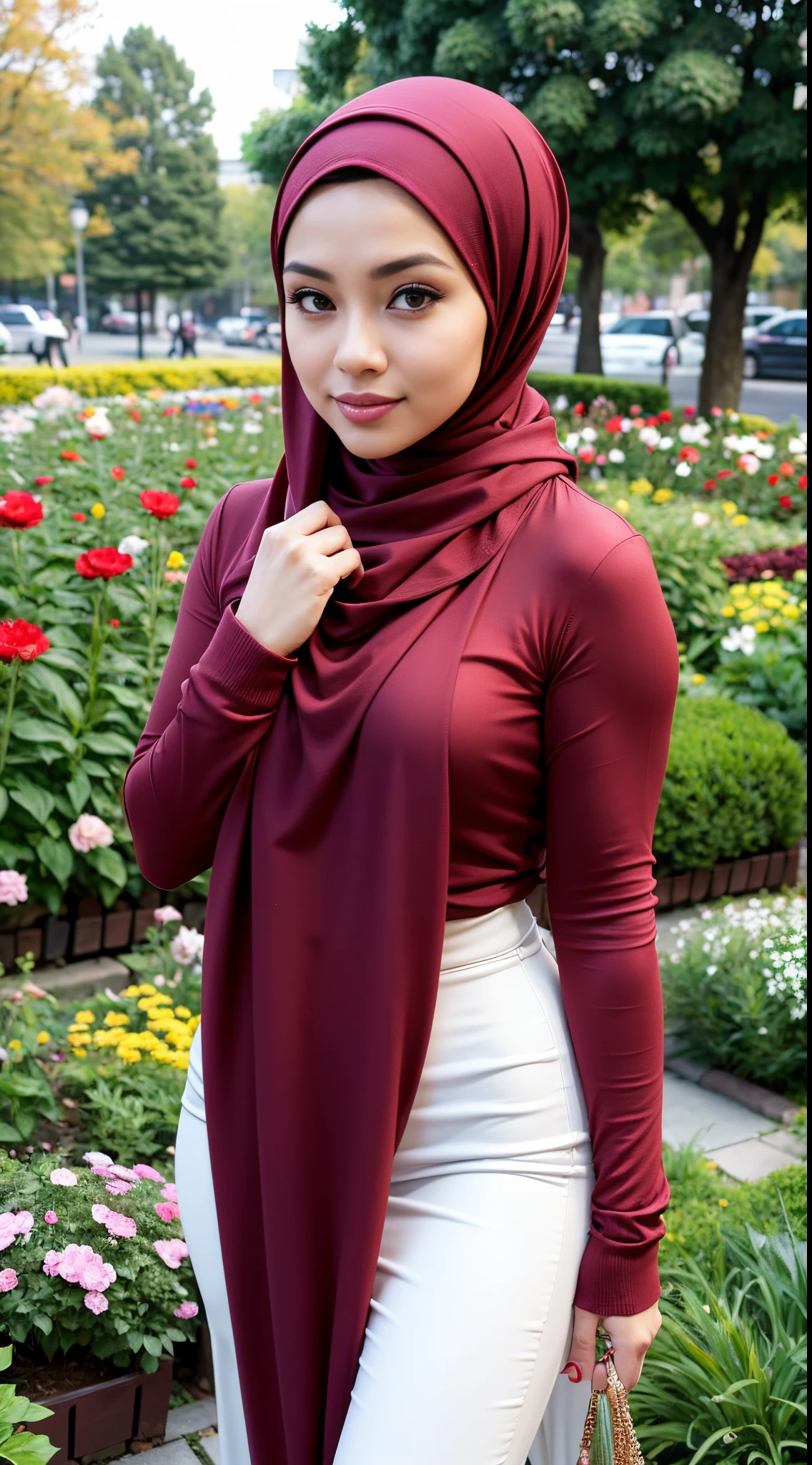 RAW, Best quality, high resolution, masterpiece: 1.3), beautiful Malay woman in hijab,Masterpiece, perfect slim fit body, Huge breast,big gorgeous eyes, Soft smile, woman in a red dress and a red scarf, maroon red, wearing red attire, wearing beautiful clothes, beautiful design, hijab, in crimson red, very beautiful enga style, beautiful masterpiece, fine details. red, wearing gorgeous clothing, dominating red color, crimson themed , (Delicate turtleneck) , necklace, shairband, afternoon walk, City garden, Excellent lighting, Bright colors, Clean lines