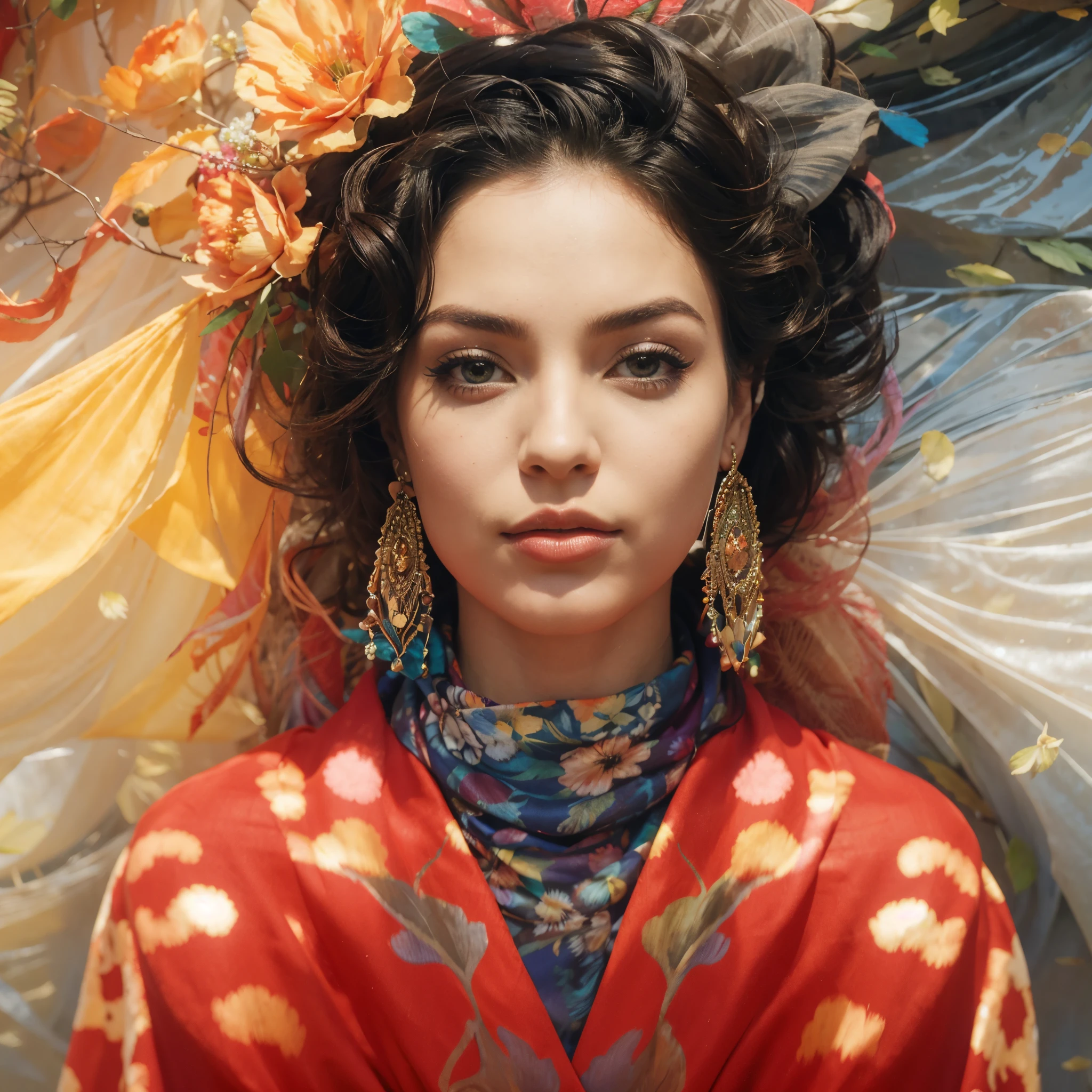 4kA imagem apresenta uma mulher com cabelos roxos, wearing a red shawl and headscarf. She is in front of a colorful background, que inclui uma variedade de flores e um peixe. A mulher parece ser o ponto focal da cena, with her unique hair and outfit drawing attention. The vibrant colors and presence of the fish in the background add to the artistic and visually appealing nature of the image..