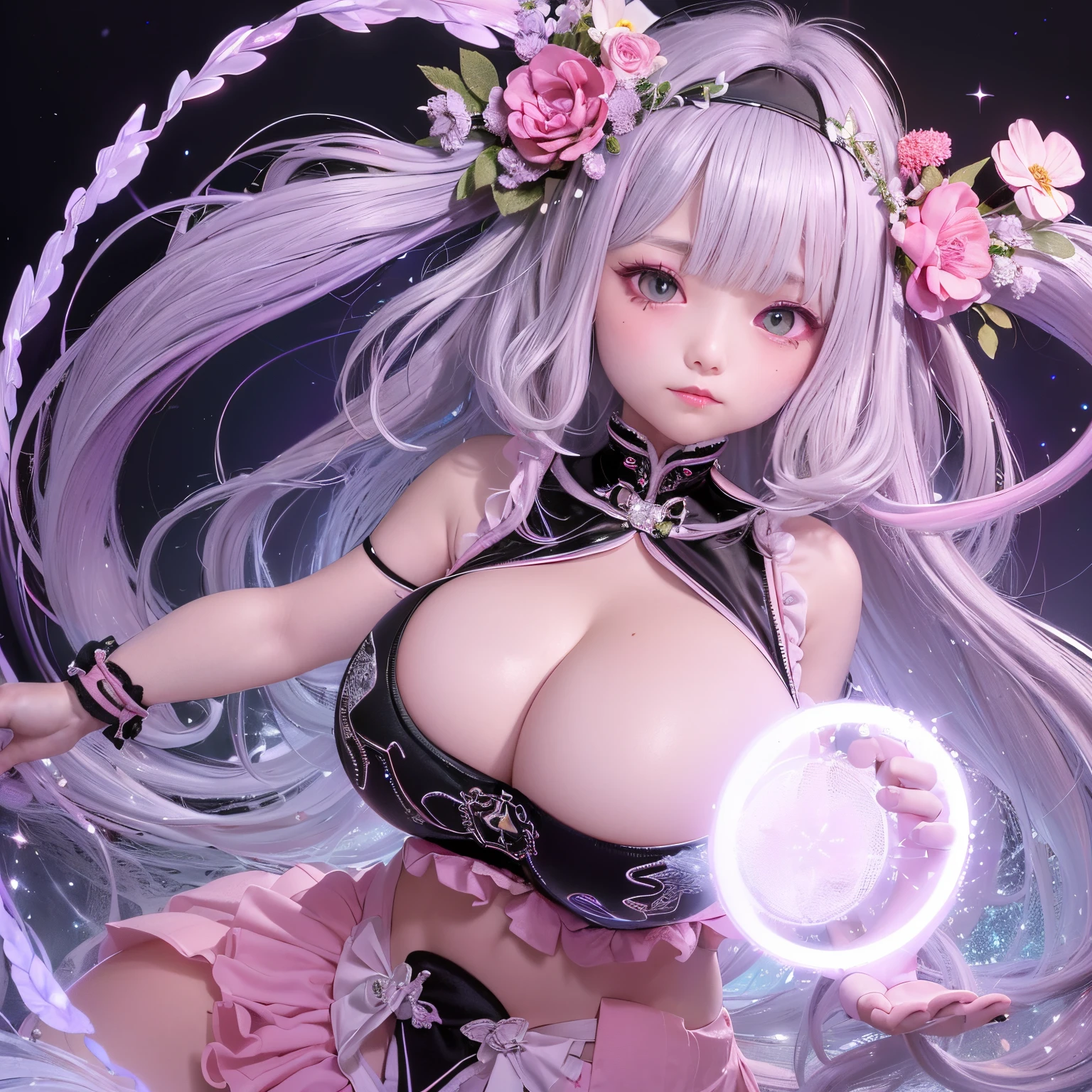 The upper part of the body、one girls、i have silver hair color、Two-tone、(Pink Highlight Hair、Curly hair，floral headband、very Bigger 、ultra gigantic tits、Soer、tiny girl、Idol Costumes、off shoulders、I have a pink cane、A girl floating above a magic circle of flowers、have a small moon、luminous effect