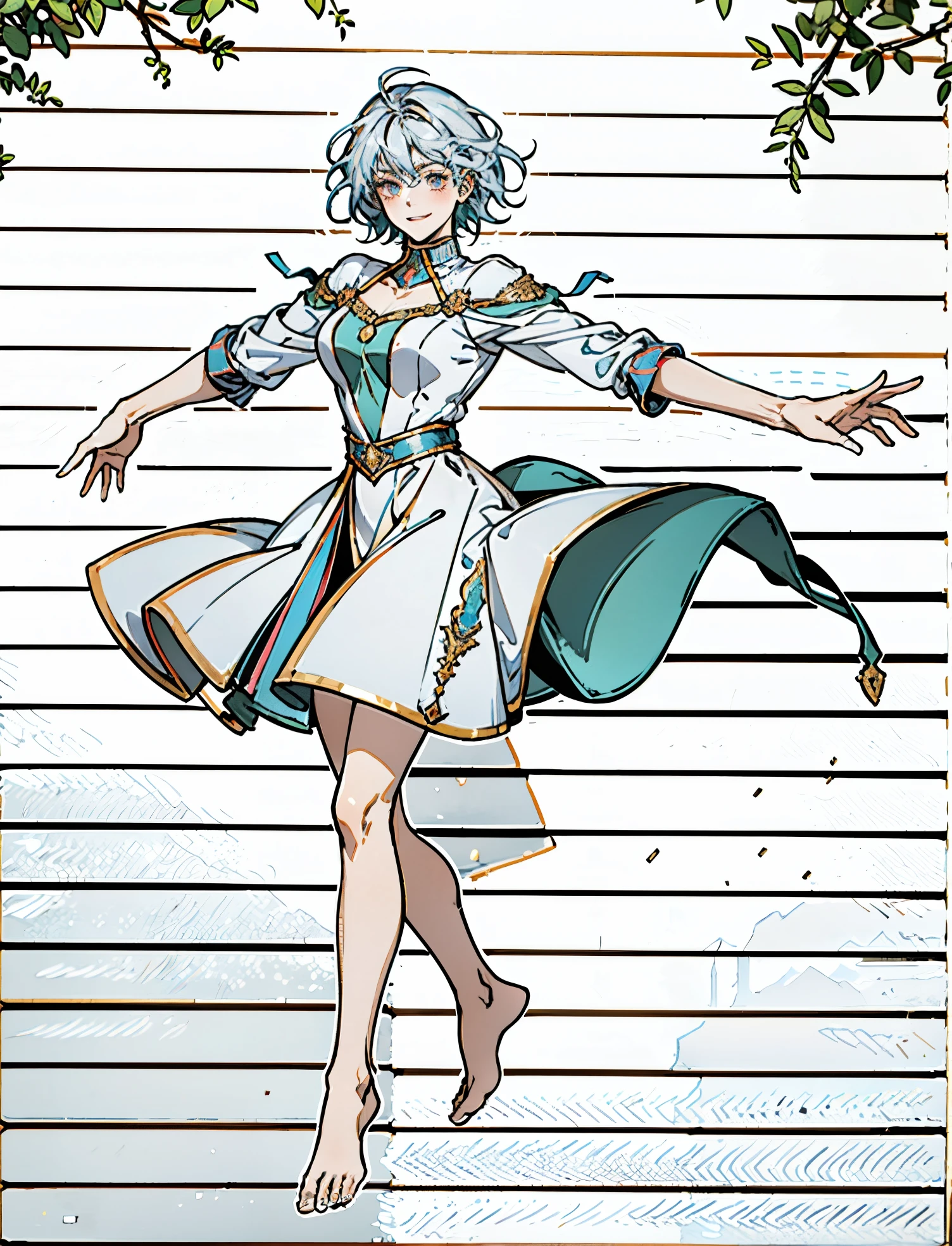 A girl with short gray hair, bright eyes, a cheerful smile, a joyful expression, a slender figure, a two-piece fantasy-realistic style jacket, short skirt that matching the outfit, barefoot, she happily leaps in front of a fantasy-style ancient ritual building, bright and soft color, this character embodies a finely crafted fantasy-realistic style girl in anime style, exquisite and mature manga art style, high definition, best quality, highres, ultra-detailed, ultra-fine painting, extremely delicate, professional, anatomically correct, symmetrical face, extremely detailed eyes and face, high quality eyes, creativity, RAW photo, UHD, 8k, Natural light, cinematic lighting, masterpiece-anatomy-perfect, masterpiece:1.5