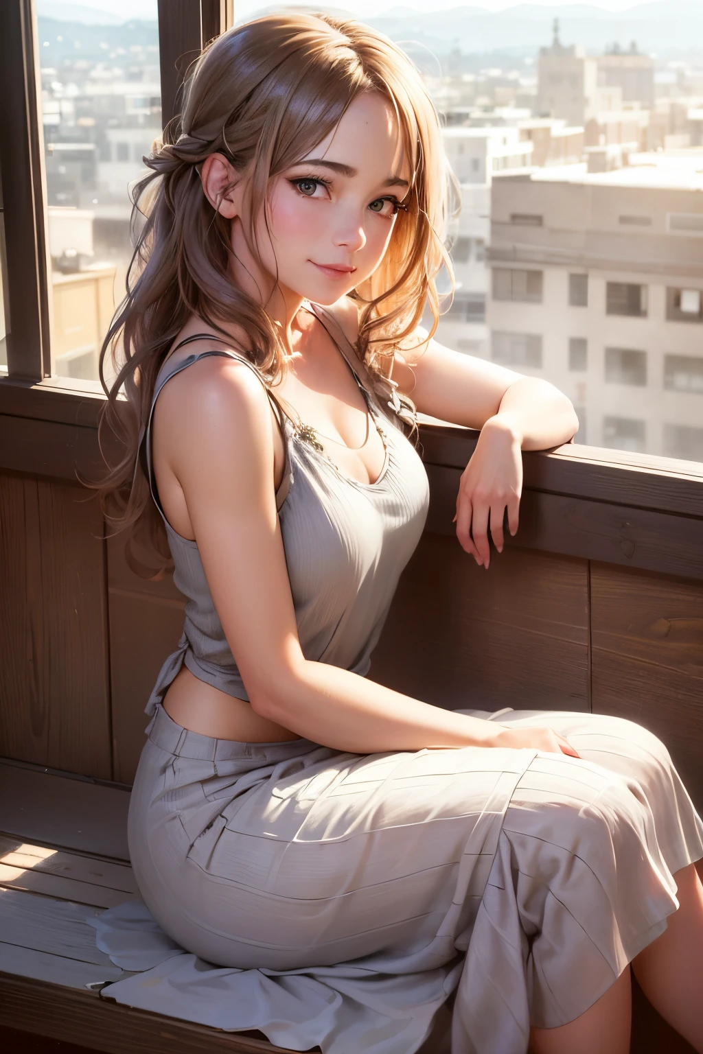 full body shot of (woman Sitting on a window sill in a flowy maxi skirt and tank top. small smiling), (detailed realistic face), (((hyperdetailed))), zoomed out, symmetrical face, detailed pupil, expressive eyes, Casey Baugh, Michael Garmash, Sophie Anderson, hasui kawase, makeup, real photography, modern look, Real photography (Realistic:1.5)