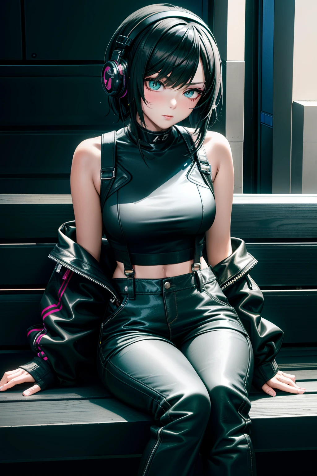 there  a woman sitting on a bench with headphones on, cute casual streetwear, photo of slim girl model, wearing cyberpunk streetwear, wearing a black cropped tank top, korean women's fashion model, all black cyberpunk clothes, cyberpunk streetwear, y 2 k style, y2k style, ulzzang, photo of slim girl, overalls, cute girl wearing tank suit