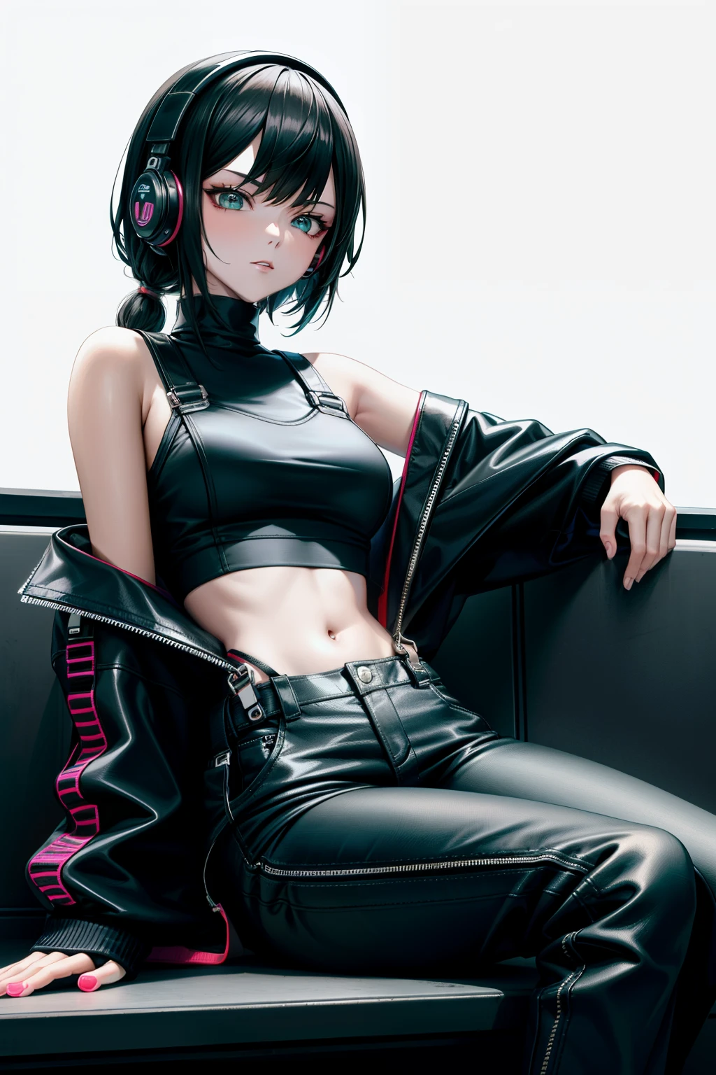 there  a woman sitting on a bench with headphones on, cute casual streetwear, photo of slim girl model, wearing cyberpunk streetwear, wearing a black cropped tank top, korean women's fashion model, all black cyberpunk clothes, cyberpunk streetwear, y 2 k style, y2k style, ulzzang, photo of slim girl, overalls, cute girl wearing tank suit