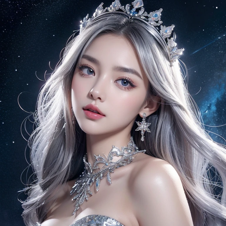 Best quality, tall_settle down, distinct_of the image, detailedbackground ,Long silver curls,high and cold,Eyes are confused,OilPaintStyle,digitial painting,Hair shiny, attribute magic ,Background snowflakes,Gorgeous wand,themoon, Milky Way Galaxy background, Extra large and snow crown, Brilliant brilliance,Light-colored pupils,,watery eyes,rich colourful,Model the face,Deep eyes,Straight nose,Gorgeous silver dress,silver ornaments,复杂,Oil painting design,bedazzled,,LIGHT OVERHEAD,Plata,saintess,Neverland,