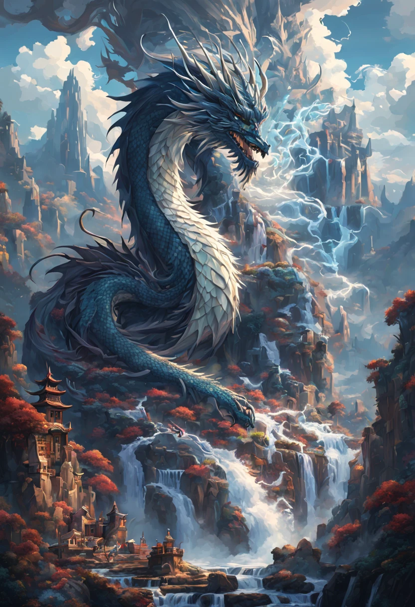 (pixel art:1.3), (solo:1.3), a mesmerizing fantasy scene where an ((anthropomorphic Eastern dragon dark wizard)) sinister and captivating, wearing legendary robe adorned with intricate magical symbols, mystical landscape featuring majestic mountains, cascading waterfalls, ancient ruins, surround the turkey with ((swirling ominous magical energies emanating from its staff)), (best quality, masterpiece, Representative work, official art, Professional, unity 8k wallpaper:1.3)