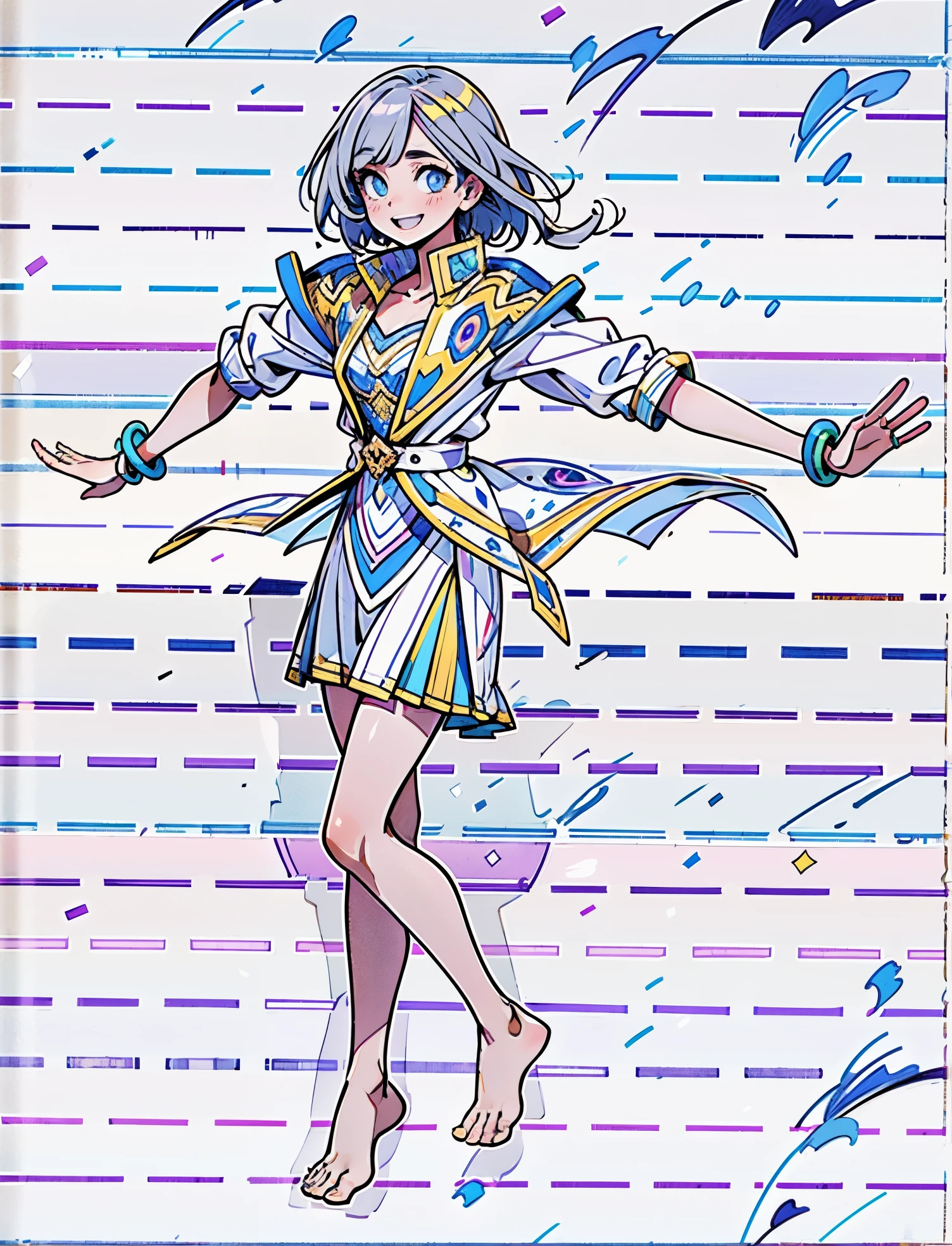 A girl with short gray hair, bright eyes, a cheerful smile, a joyful expression, a slender figure, a two-piece fantasy-realistic style jacket, short skirt that matching the outfit, barefoot, she happily leaps in front of a fantasy-style ancient ritual building, bright and soft color, this character embodies a finely crafted fantasy-realistic style girl in anime style, exquisite and mature manga art style, high definition, best quality, highres, ultra-detailed, ultra-fine painting, extremely delicate, professional, anatomically correct, symmetrical face, extremely detailed eyes and face, high quality eyes, creativity, RAW photo, UHD, 8k, Natural light, cinematic lighting, masterpiece-anatomy-perfect, masterpiece:1.5
