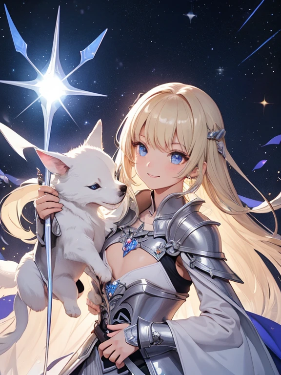 //Character 1girl, gurdian of the divine castle , slim and soft, medium large breast, ultra detailed face, innocent, round face, thin eyeblow, sparkly pupils, translucent skin, extra long hair, blonde hair, curly hair, straight bang,
BREAK
//Fashion Her outfit is inspired with the knight of the magical kingdom, divine castle, it connsists sacred divine armor with geometric designs, silver cape , her outfit is all white or silver monotone, silver metal, glitter material, sparkling every parts of the armor, thin sword with a delicate handle design, delicate designed helm
BREAK
behavior
(CHEST UP SHOT:1.5), hugging with her dog,
smiling full of compassion, half opened mouth, waiting kiss, intimate relationships