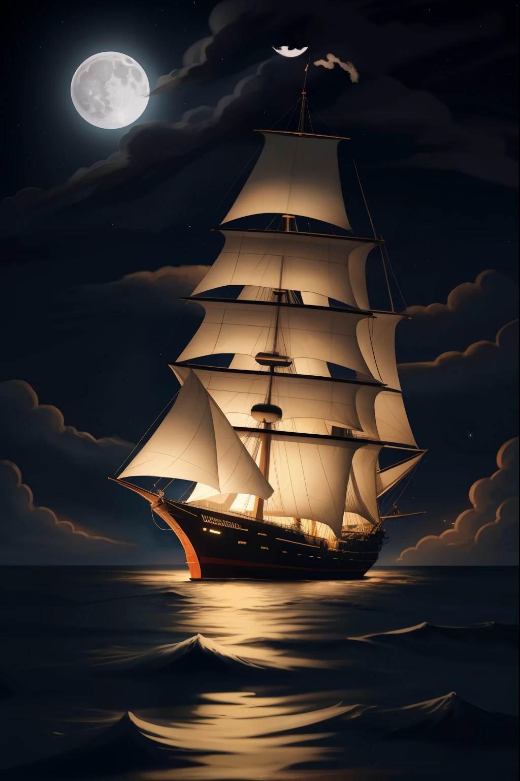 neon light art, in the dark of night, a tall ship sails across moonlit seas, clouds, moon, stars, colorful, detailed, 4k