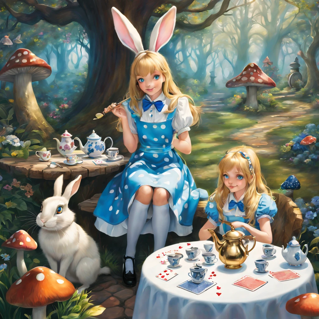 (a detailed painting,best quality,realistic:1.37),Alice in Wonderland,girl with long blonde hair,innocent blue eyes,wearing a patterned blue dress and white apron,sitting in a lush green garden surrounded by beautiful colorful flowers,tall mushrooms with polka dots,white rabbit wearing a waistcoat and holding a pocket watch,hanging golden keys,playing cards flying in the air,teapot and teacups on a table with a Mad Hatter and March Hare,Cheshire Cat sitting on a branch,grinning and disappearing,quaint stone path leading to a whimsical door in a tree trunk,mystical glowing lights. (Colored:1.1,Wonderland-themed,HDR,vivid colors,concept artists),soft warm tones,soft natural lighting.