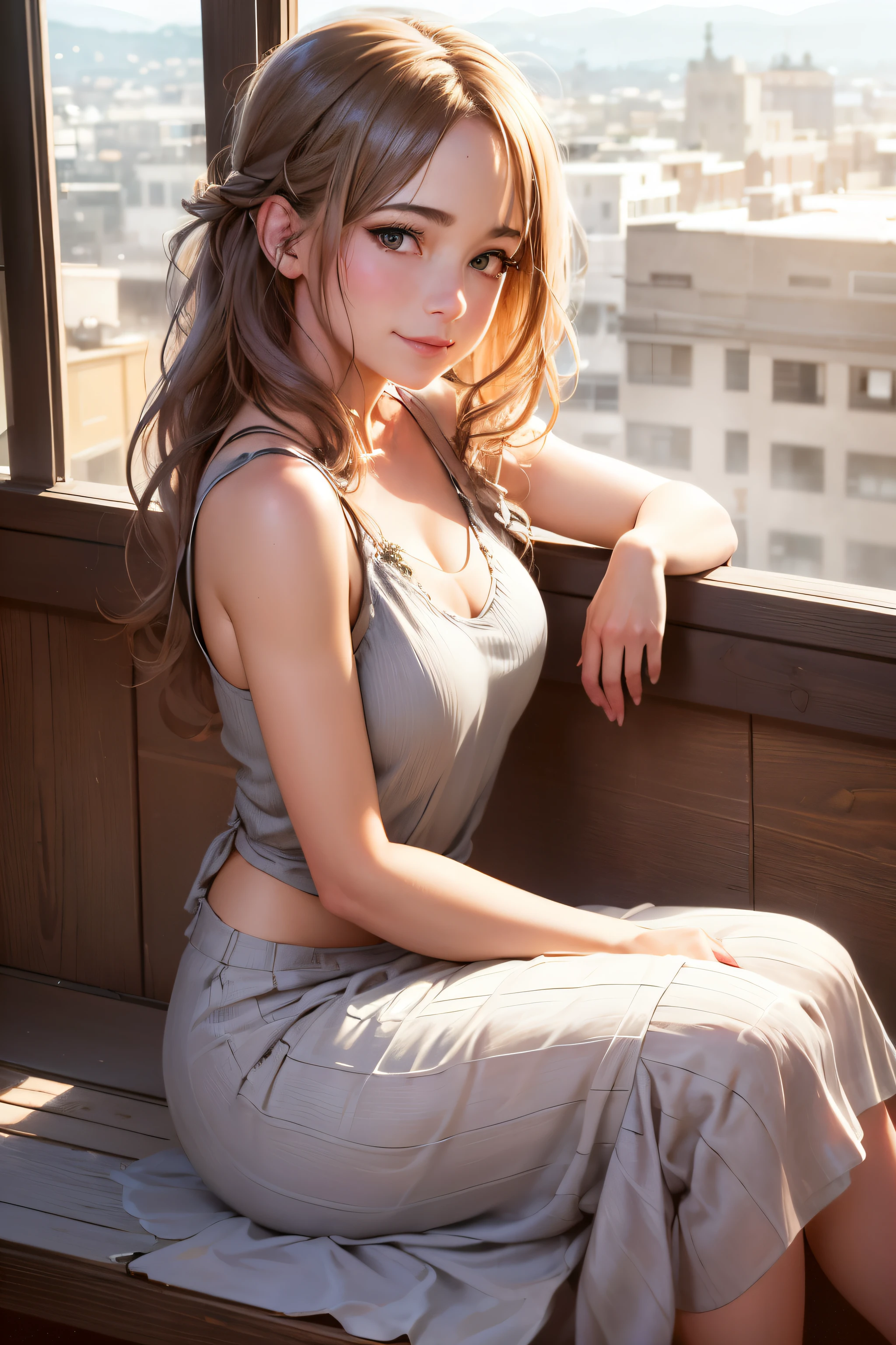 full body shot of (woman Sitting on a window sill in a flowy maxi skirt and tank top. small smiling), (detailed realistic face), (((hyperdetailed))), zoomed out, symmetrical face, detailed pupil, expressive eyes, Casey Baugh, Michael Garmash, Sophie Anderson, hasui kawase, makeup, real photography, modern look, Real photography (Realistic:1.5)