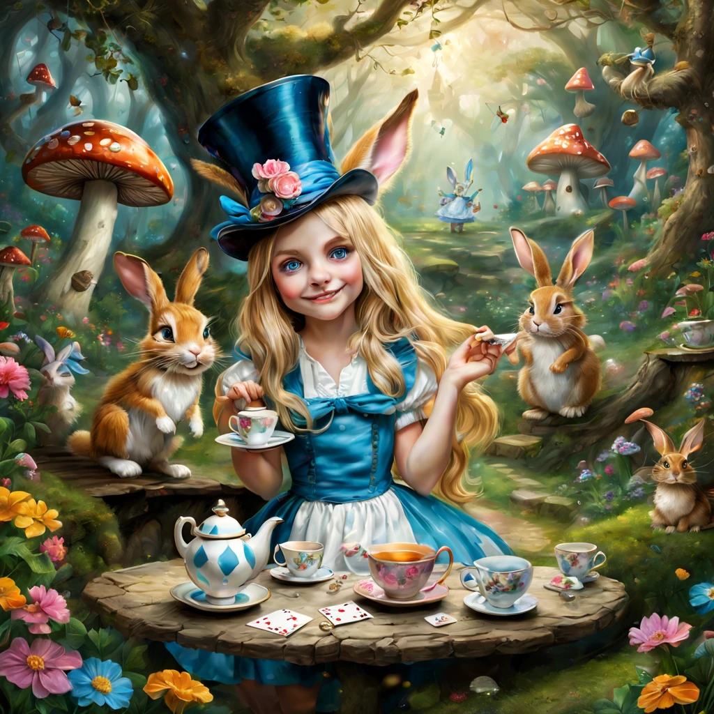 (a detailed painting,best quality,realistic:1.37),Alice in Wonderland,girl with long blonde hair,innocent blue eyes,wearing a patterned blue dress and white apron,sitting in a lush green garden surrounded by beautiful colorful flowers,tall mushrooms with polka dots,white rabbit wearing a waistcoat and holding a pocket watch,hanging golden keys,playing cards flying in the air,teapot and teacups on a table with a Mad Hatter and March Hare,Cheshire Cat sitting on a branch,grinning and disappearing,quaint stone path leading to a whimsical door in a tree trunk,mystical glowing lights. (Colored:1.1,Wonderland-themed,HDR,vivid colors,concept artists),soft warm tones,soft natural lighting.