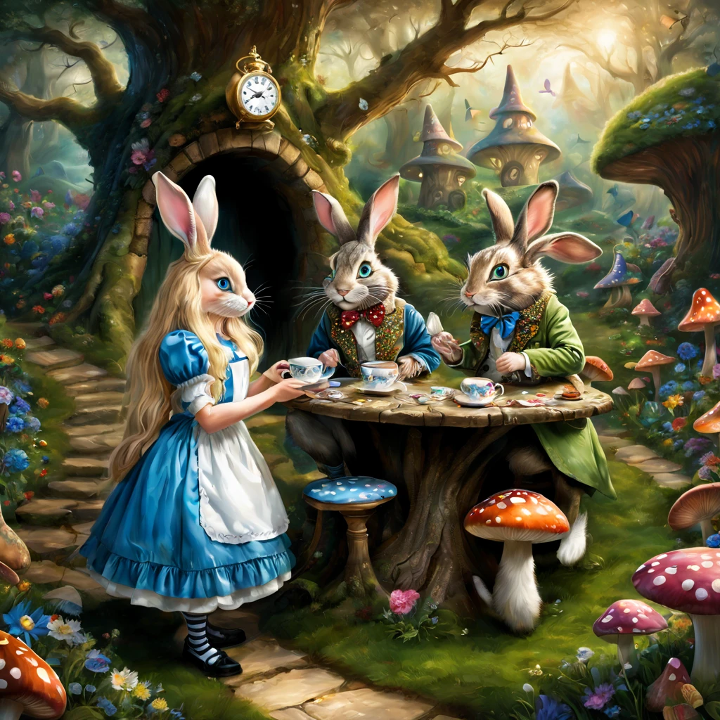 (a detailed painting,best quality,realistic:1.37),Alice in Wonderland,girl with long blonde hair,innocent blue eyes,wearing a patterned blue dress and white apron,sitting in a lush green garden surrounded by beautiful colorful flowers,tall mushrooms with polka dots,white rabbit wearing a waistcoat and holding a pocket watch,hanging golden keys,playing cards flying in the air,teapot and teacups on a table with a Mad Hatter and March Hare,Cheshire Cat sitting on a branch,grinning and disappearing,quaint stone path leading to a whimsical door in a tree trunk,mystical glowing lights. (Colored:1.1,Wonderland-themed,HDR,vivid colors,concept artists),soft warm tones,soft natural lighting.