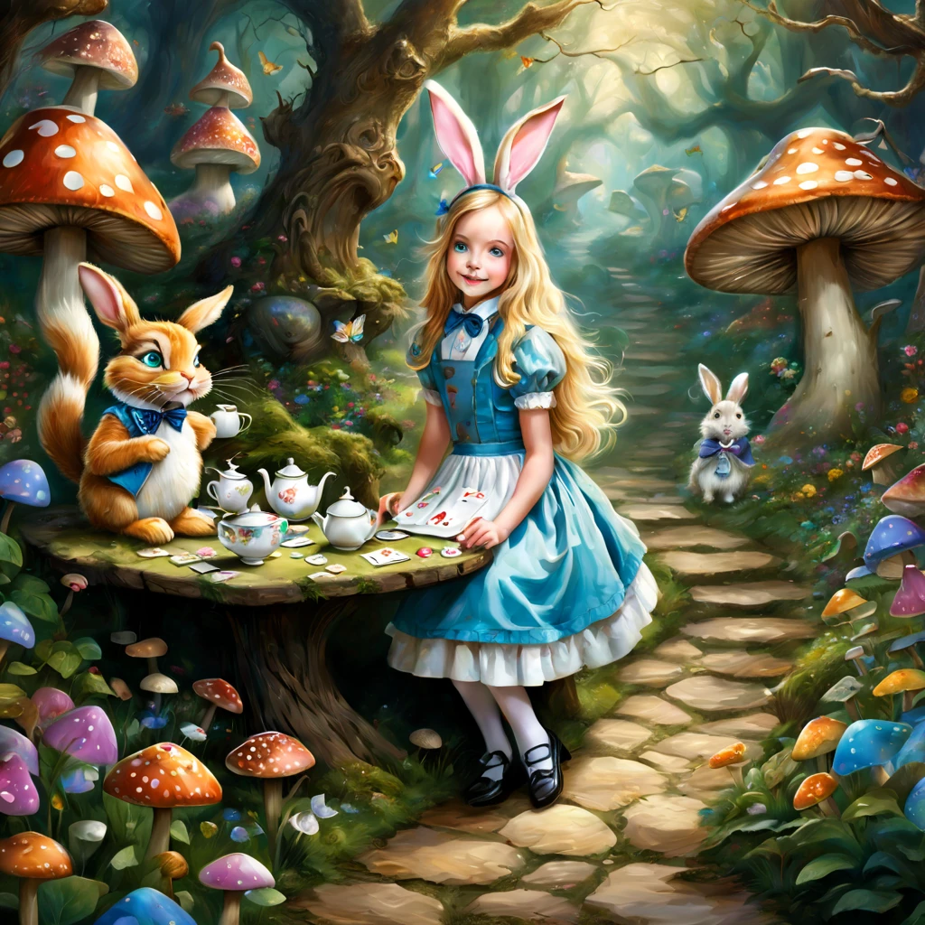 (a detailed painting,best quality,realistic:1.37),Alice in Wonderland,girl with long blonde hair,innocent blue eyes,wearing a patterned blue dress and white apron,sitting in a lush green garden surrounded by beautiful colorful flowers,tall mushrooms with polka dots,white rabbit wearing a waistcoat and holding a pocket watch,hanging golden keys,playing cards flying in the air,teapot and teacups on a table with a Mad Hatter and March Hare,Cheshire Cat sitting on a branch,grinning and disappearing,quaint stone path leading to a whimsical door in a tree trunk,mystical glowing lights. (Colored:1.1,Wonderland-themed,HDR,vivid colors,concept artists),soft warm tones,soft natural lighting.