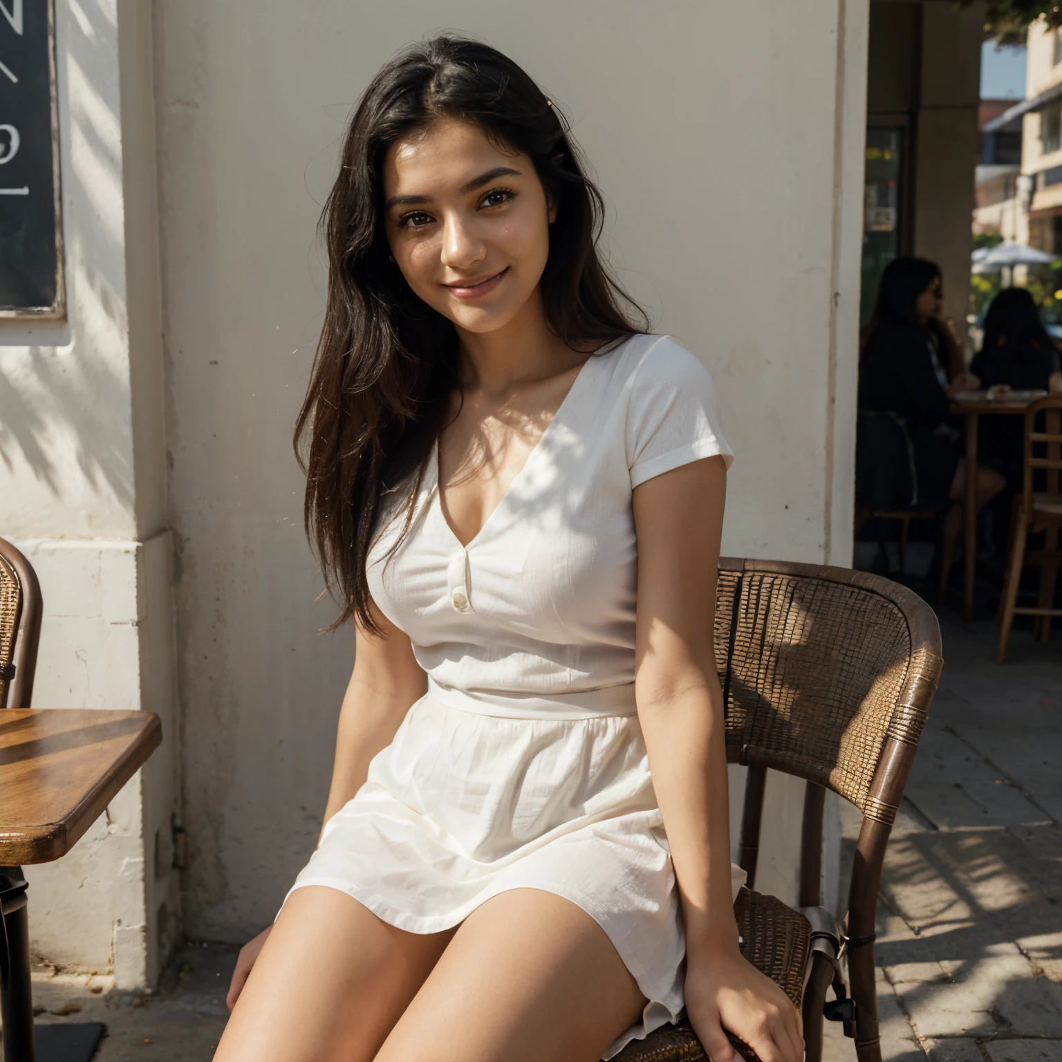 highres,realistic,portrait,young,beautiful,labanese,girl,20 years old,big eyes,detailed facial features,long eyelashes,sharp beautiful nose,straight black hair,natural makeup,fashionable attire,stunning smile,vivid colors,soft lighting,warm tones,rich skin texture,subtle shadows,natural environment,open street side cafe,mid day time,sitting on a chair and drinking coffee,sitting in the shadow of the cafe,sunny day,wearing white short frock,posing posture,smiling