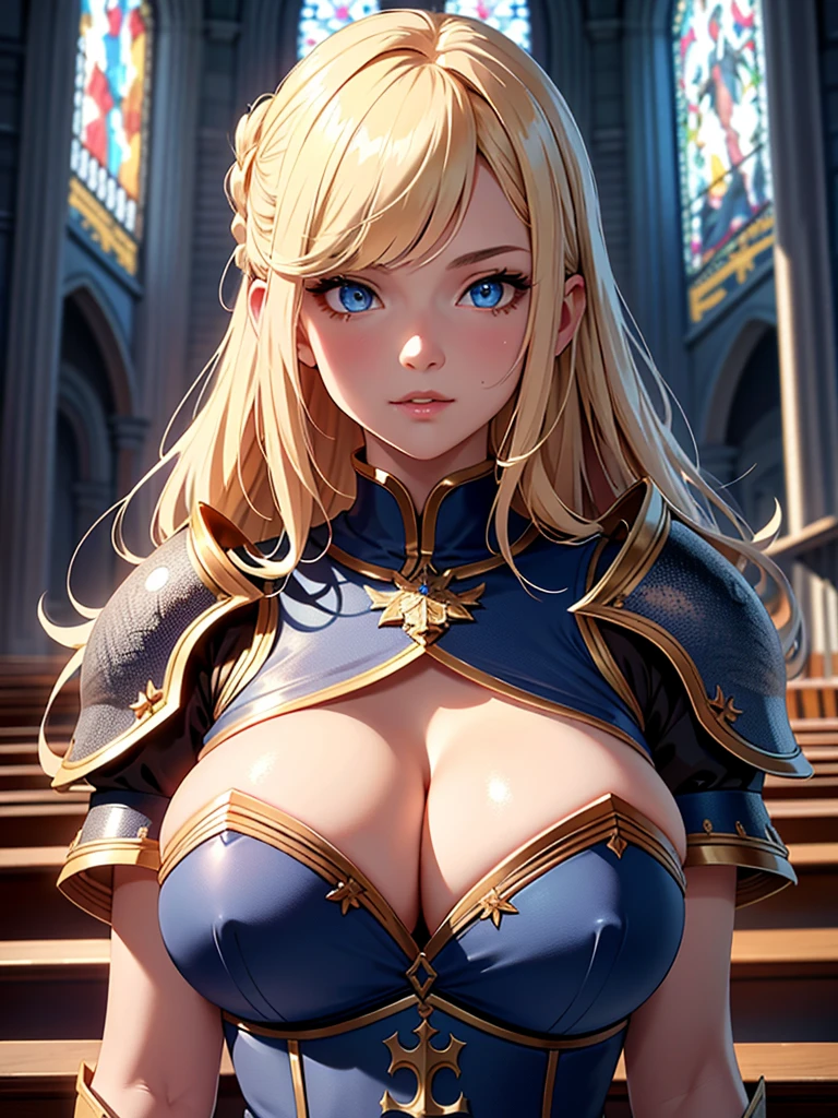 best quality, 1girl, masterpiece, best quality, 8k, detailed skin texture, ((beautiful detailed face)), intricate details, blonde hair, parted bangs, (upper body), detailed blue eyes, 18 years old, neat girl, huge breasts, cleavage, ((knightly armor, magic)), (interior of a church)