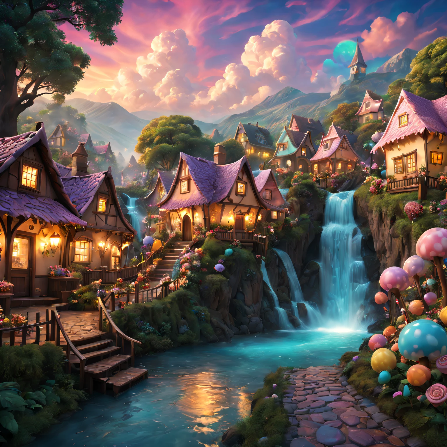 (ultra - detailed,actual:1.37),(Best quality at best,4K,8K,A high resolution,tmasterpiece:1.2),The landscape,Chocolate Village,Sweet,magical,cozily,Tasteful,Tasty,Beautifully decorated cabin,meandering chocolate river,Tempting chocolate fountain,Various chocolate sculptures,flowering cocoa tree,Glowing golden caramel sunset,sweet candy flowers,Colorful candy path,Sparkling chocolate waterfall,Fairy lights illuminate the village,Pastel colored candy house,Marshmallow clouds floating in the sky,Unforgettable chocolate adventure.