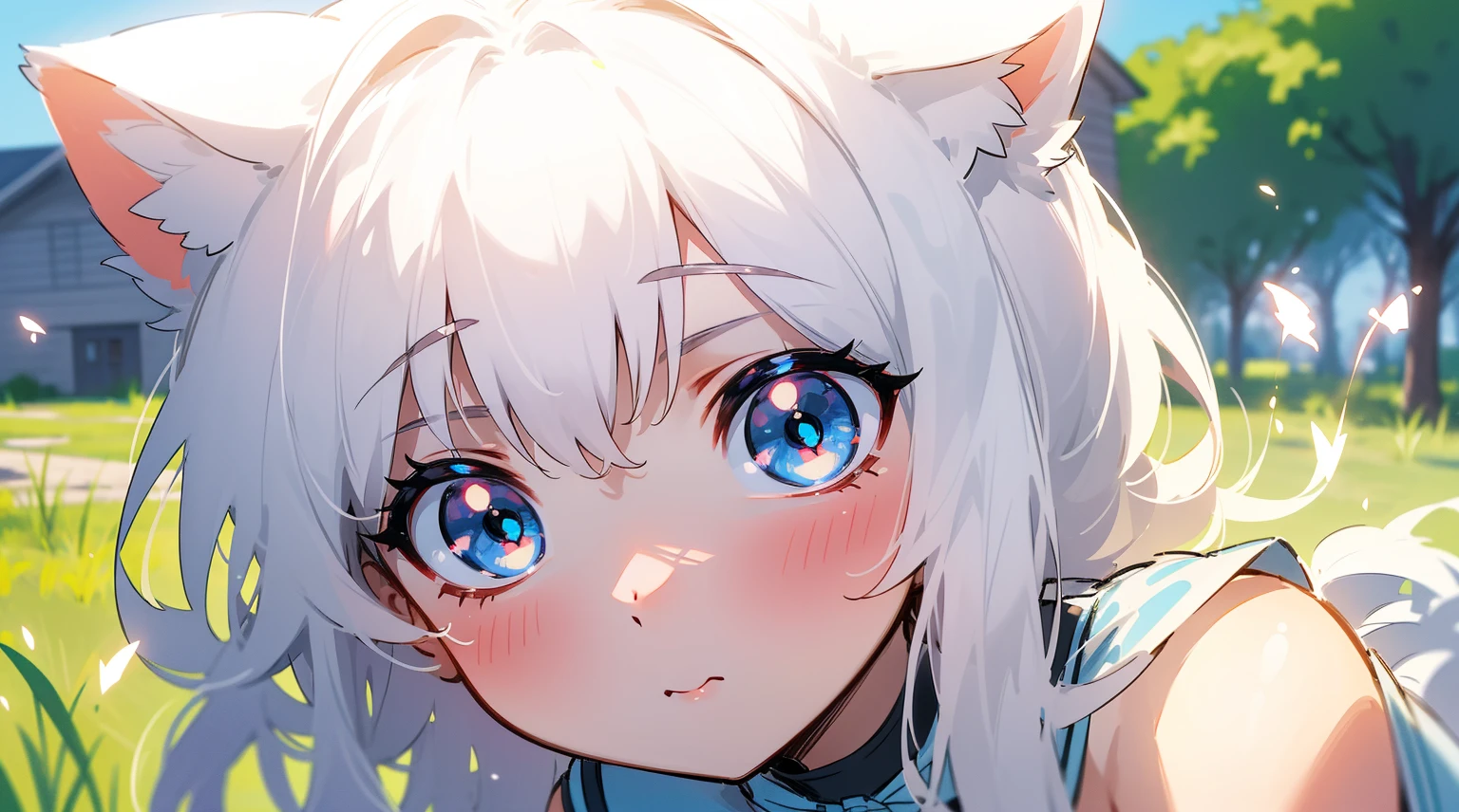 (sketch drawing), (close up), (Small body:1.2), (rosy cheeks:1.2), (white cat ears beautiful cat ears), (White hair), (white idium hair), Look at viewers, full bodyesbian, outside of house, naturey, 云, grassy, Blue theme, spark of light, Hair bow