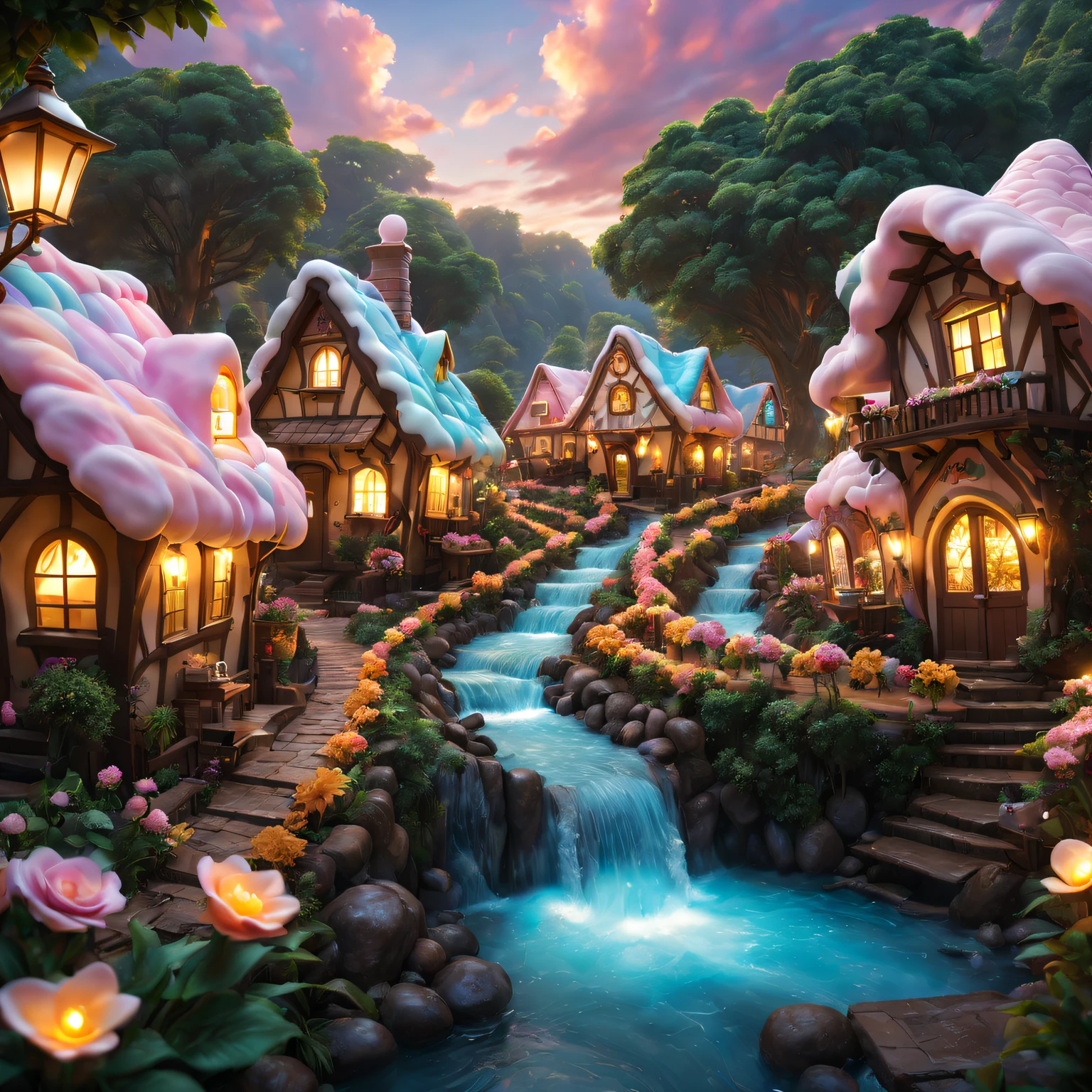 (ultra - detailed,actual:1.37),(Best quality at best,4K,8K,A high resolution,tmasterpiece:1.2),The landscape,Chocolate Village,Sweet,magical,cozily,Tasteful,Tasty,Beautifully decorated cabin,meandering chocolate river,Tempting chocolate fountain,Various chocolate sculptures,flowering cocoa tree,Glowing golden caramel sunset,sweet candy flowers,Colorful candy path,Sparkling chocolate waterfall,Fairy lights illuminate the village,Pastel colored candy house,Marshmallow clouds floating in the sky,Unforgettable chocolate adventure.