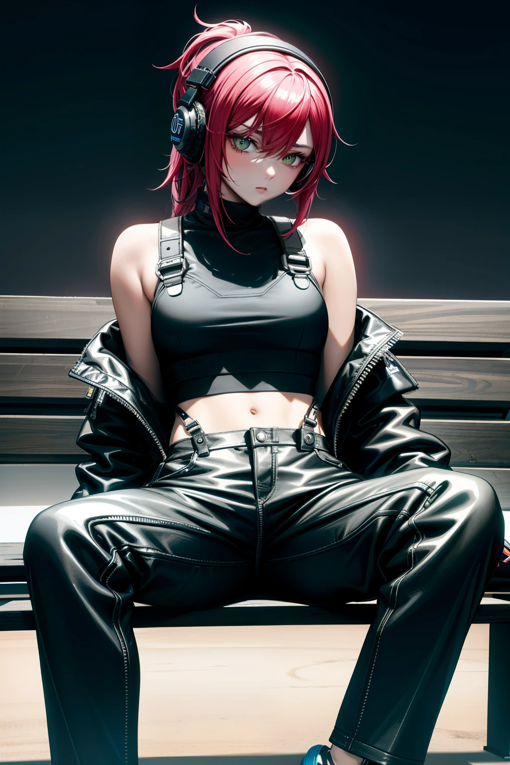 there  a woman sitting on a bench with headphones on, cute casual streetwear, photo of slim girl model, wearing cyberpunk streetwear, wearing a black cropped tank top, korean women's fashion model, all black cyberpunk clothes, cyberpunk streetwear, y 2 k style, y2k style, ulzzang, photo of slim girl, overalls, cute girl wearing tank suit