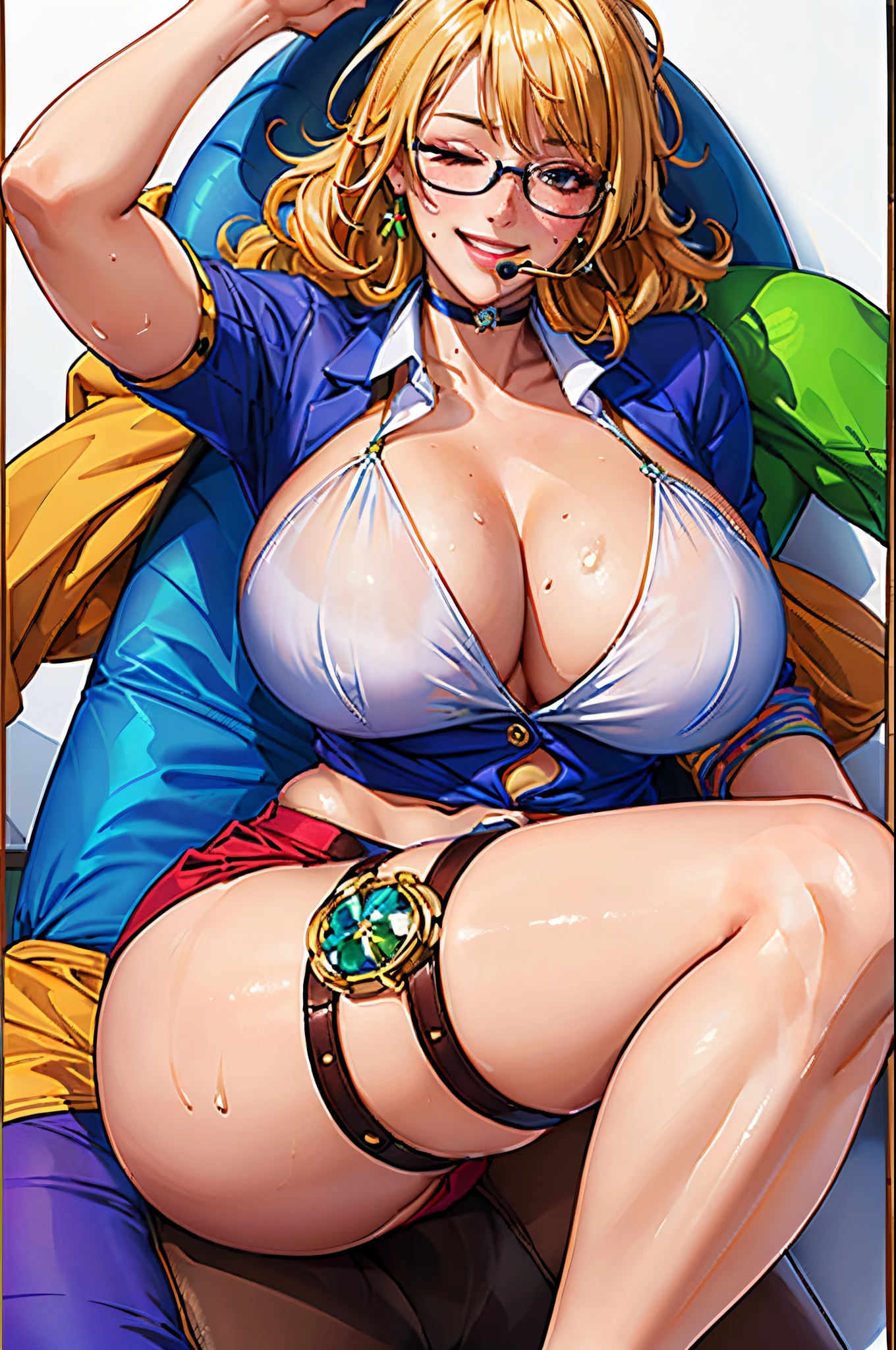 1girl, solo, long hair, (loose hair) glasses, blonde hair, (((giant breasts: 1.3))), large breasts, (long hair), curly hair, (thighs: 1.2), heavy blush, (thick thighs: 1.3), wide hips, choker, (happy: 1.3),  background, shiny skin, wet skin, inside, facing the viewer, ((cleavage)), ((lasciviouest quality, smiling, white blouse, tight blouse, short tight skirt, ((office clothes)), jewelry,  mouth closed, front, brassier under clothes, lingerie, on the street, heelilf), seductive, sweaty, freckles on face, hand on back, in a kitchen, ((seen from opposite)), seductive pose, sexy pose, ((Beautiful detailed mature face))