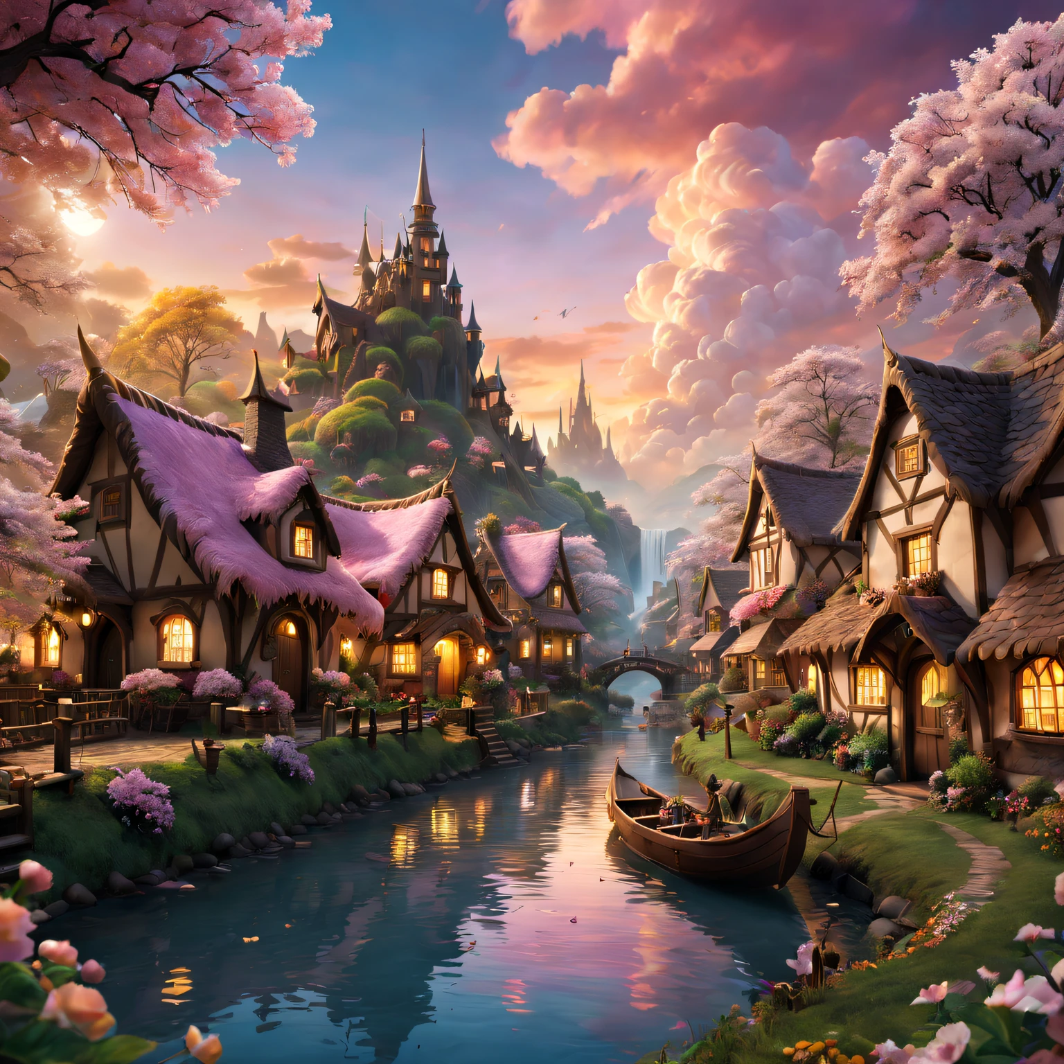 (ultra - detailed,actual:1.37),(Best quality at best,4K,8K,A high resolution,tmasterpiece:1.2),The landscape,Chocolate Village,Sweet,magical,cozily,Tasteful,Tasty,Beautifully decorated chocolate house,meandering rivers,Tempting chocolate fountain,Various chocolate sculptures,flowering cocoa tree, Golden sunset,sweet candy flowers,Way,Sparkling chocolate waterfall,Fairy lights illuminate the village,Marshmallow clouds floating in the sky,Unforgettable chocolate adventure.