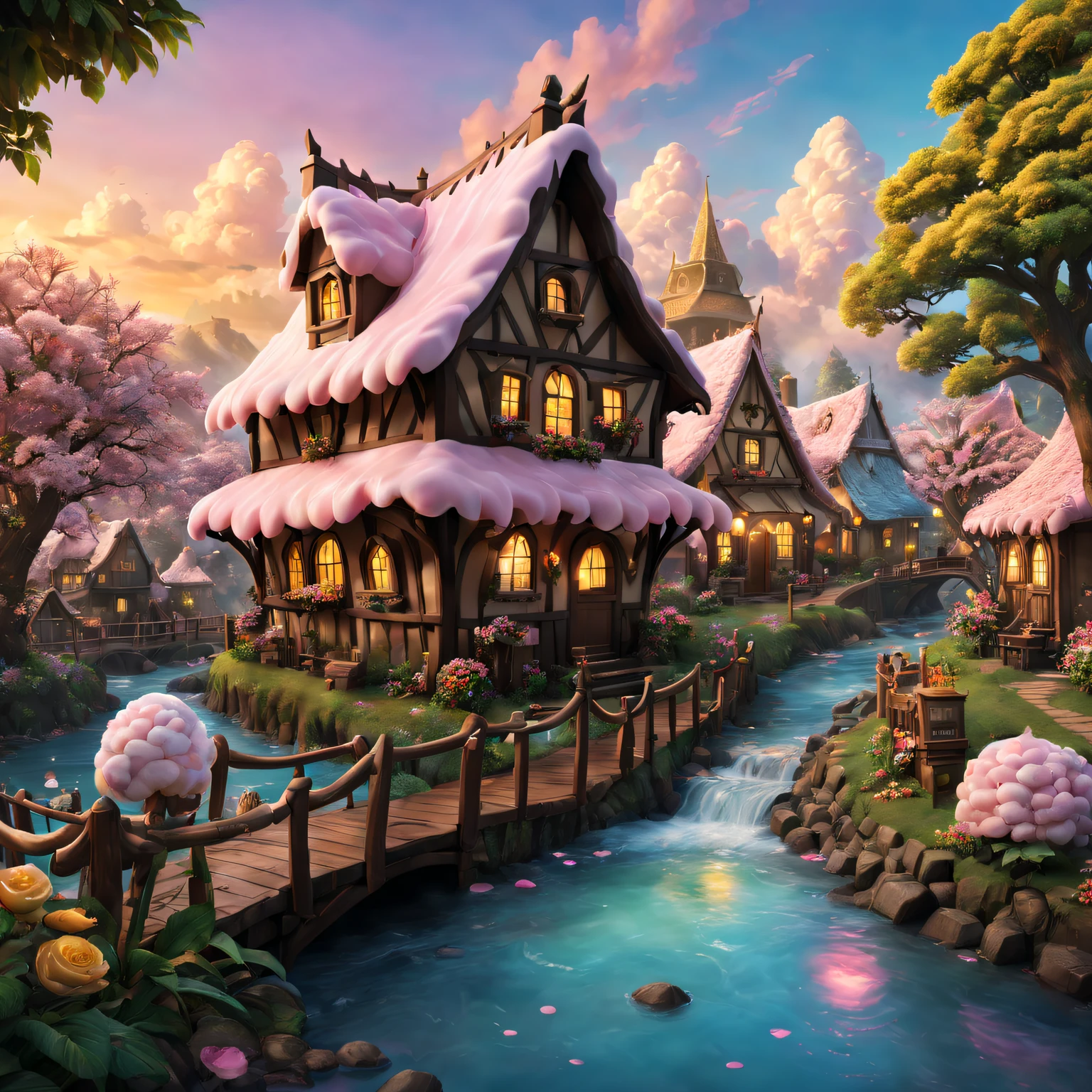 (ultra - detailed,actual:1.37),(Best quality at best,4K,8K,A high resolution,tmasterpiece:1.2),The landscape,Chocolate Village,Sweet,magical,cozily,Tasteful,Tasty,Beautifully decorated chocolate house,meandering rivers,Tempting chocolate fountain,Various chocolate sculptures,flowering cocoa tree, Golden sunset,sweet candy flowers,Way,Sparkling chocolate waterfall,Fairy lights illuminate the village,Marshmallow clouds floating in the sky,Unforgettable chocolate adventure.
