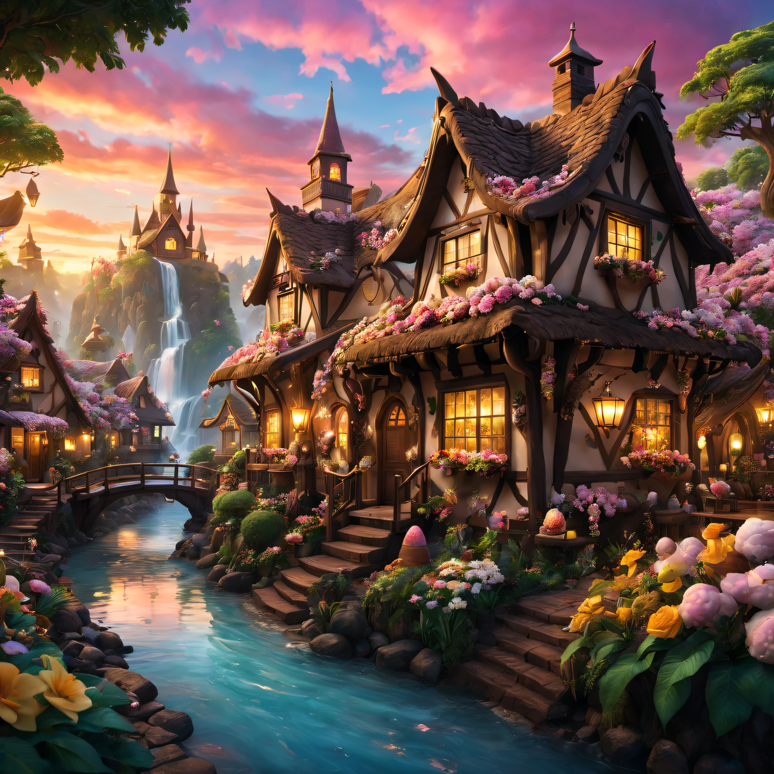 (ultra - detailed,actual:1.37),(Best quality at best,4K,8K,A high resolution,tmasterpiece:1.2),The landscape,Chocolate Village,Sweet,magical,cozily,Tasteful,Tasty,Beautifully decorated chocolate house,meandering rivers,Tempting chocolate fountain,Various chocolate sculptures,flowering cocoa tree, Golden sunset,sweet candy flowers,Way,Sparkling chocolate waterfall,Fairy lights illuminate the village,Marshmallow clouds floating in the sky,Unforgettable chocolate adventure.