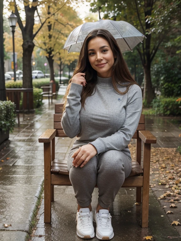 middle-aged , latina , blonde ans brown hair, normal nose, normal lips, normal chin, normal cheeks, normal eyebrows, normal brown eyes,big fake tits, slim waist, Thick legs, shiny yoga pants, socks, shoes, pullover , park, chair, autumn, forest , detailed brown eyes, detailed long hair, detailed face, detailed body, detailed edges, best quality, best ISO, best light, best lens, same face diffrent poses, smile, full body photo, cold weather dressed, rain, umbrella in hands, standing