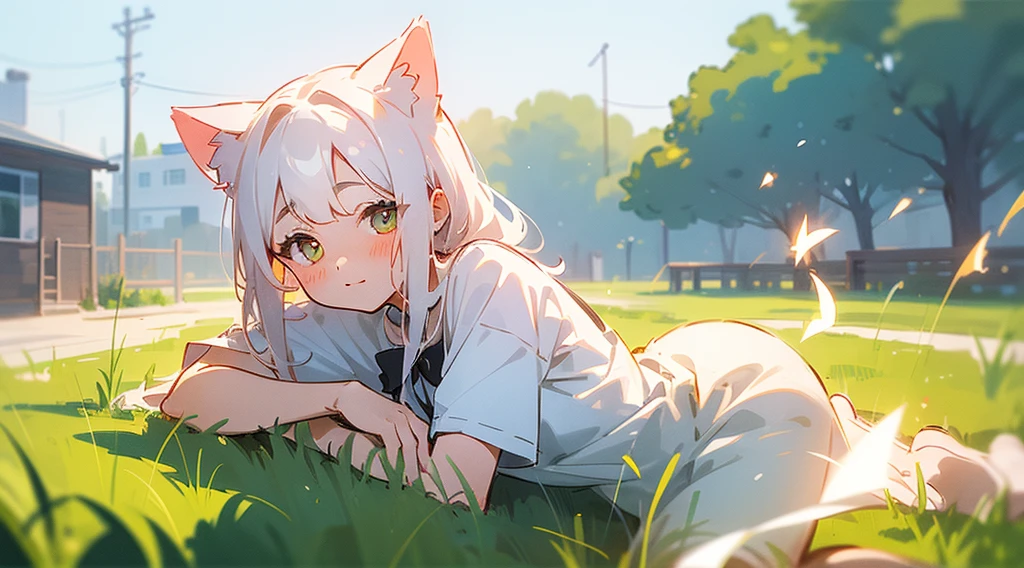 (sketch drawing), (close up), (Small body:1.2), (rosy cheeks:1.2), (white cat ears beautiful cat ears), (White hair), (white idium hair), Look at viewers, full body Esbian, outside of house, naturey, 云, Grassy, Blue theme, spark of light, Hair Bow