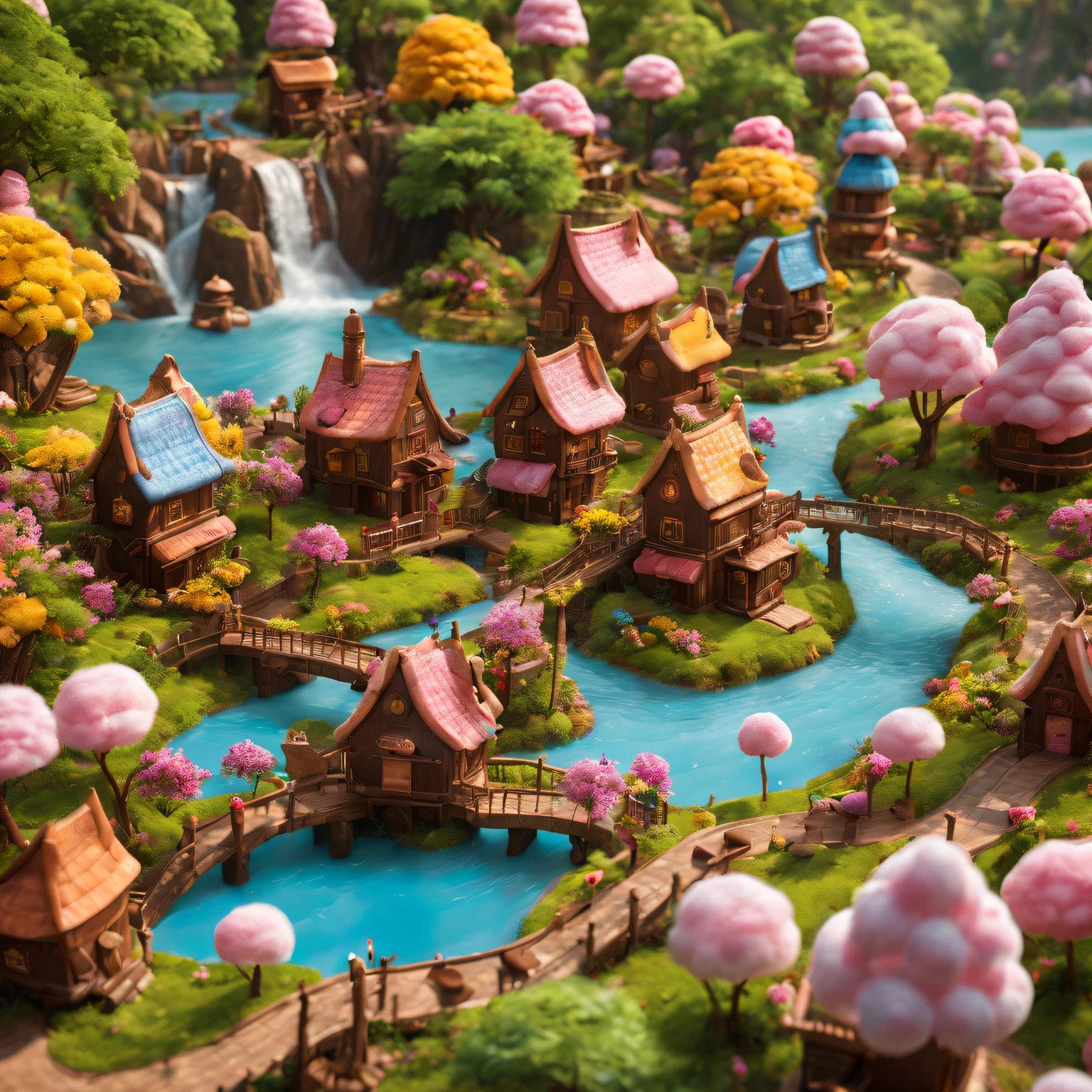 (ultra - detailed,actual:1.37),(Best quality at best,4K,8K,A high resolution,tmasterpiece:1.2),The landscape,Chocolate Village,Sweet,magical,cozily,Tasteful,Tasty,Beautifully decorated chocolate house,meandering rivers,Tempting chocolate fountain,Various chocolate sculptures,flowering cocoa tree, Golden sunset,sweet candy flowers,Way,Sparkling chocolate waterfall,Fairy lights illuminate the village,Marshmallow clouds floating in the sky,Unforgettable chocolate adventure.