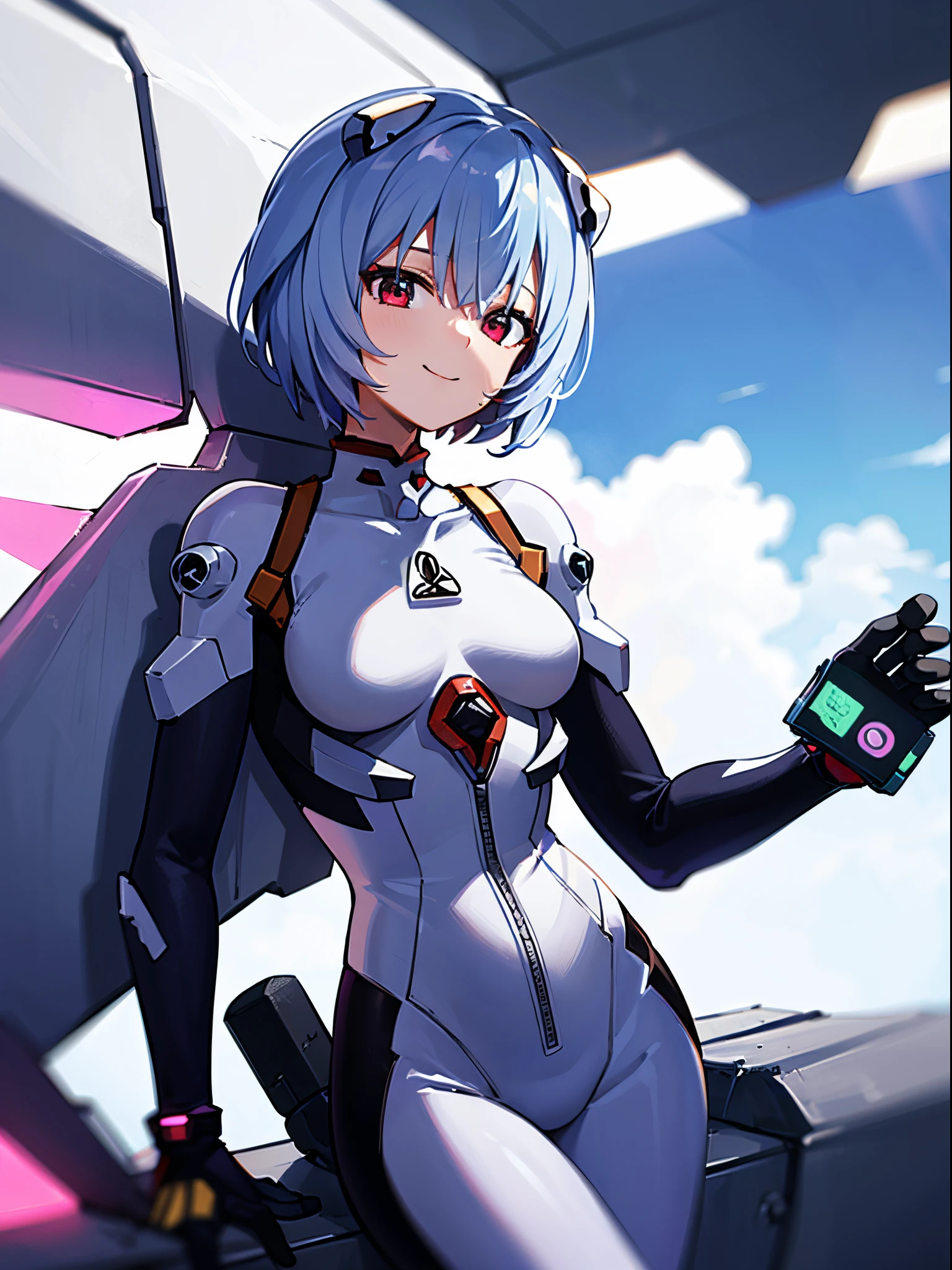 ((masuter piece)),top-quality, illustratio, beatiful detailed eyes, beautiful detailed hair, Floating hair, 1girl in, Ayanami, shorth hair, s Armor, deadpan, skiny, 独奏, turtle neck, body suit, mechs, 城市, a park,、A smile